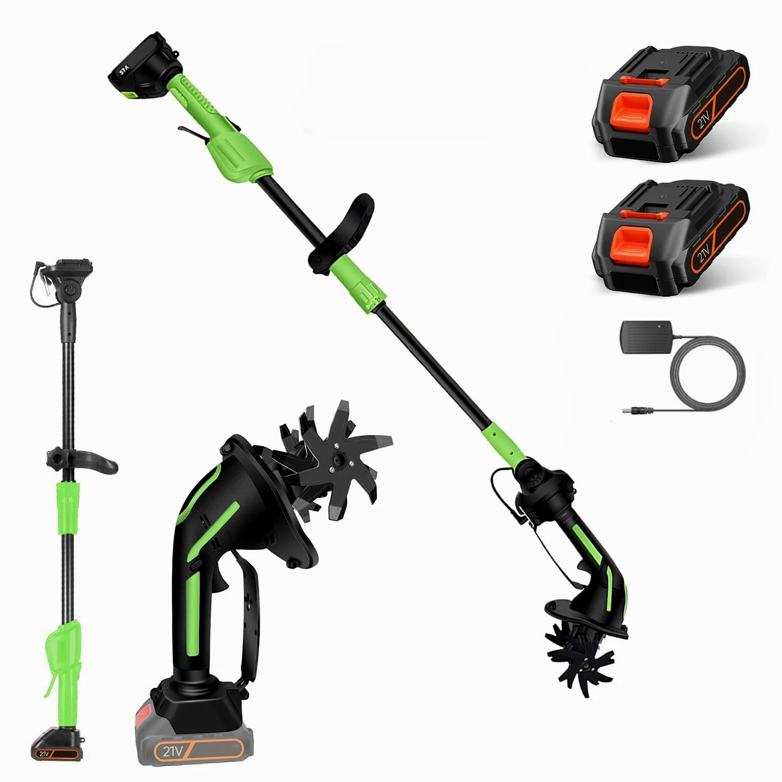 Motobineuse Electrique 650 W, Mini Motobineuse avec Batterie 3000 mAh, Tige de 1,3 m,Largeur de Travail 10 cm, Profondeur de Travail 10 cm pour Ameublir Terre Jardin et Verger (2 Batteries)