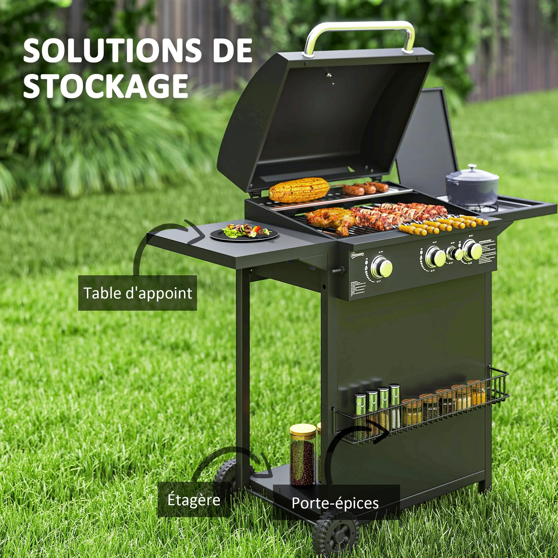Outsunny Barbecue gaz 3+1 brûleurs en acier, puissance 9,5 kW, barbecue de jardin 2 grilles en chromé, étagères latérales, 2 roues, thermomètre, couvercle, pour camping et terrasse, noir