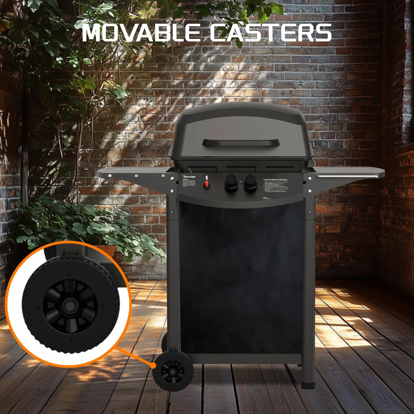 Topwish barbecue gaz, barbecues à gaz 2 brûleurs,plancha gaz exterieur,étagère rabattable en latéral, sur roulettes,6000W,106.44 * 55.6 * 103.85cm