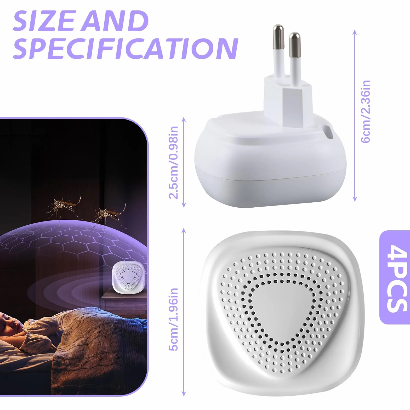 Prise Anti Moustique Ultrason 4 Pcs, Répulsifs Ultrason Anti Moustique Électronique d'Intérieur, Défense Efficace Contre Les Moustiques, Souris, Cafards, Araignées, Fourmis et Mouches