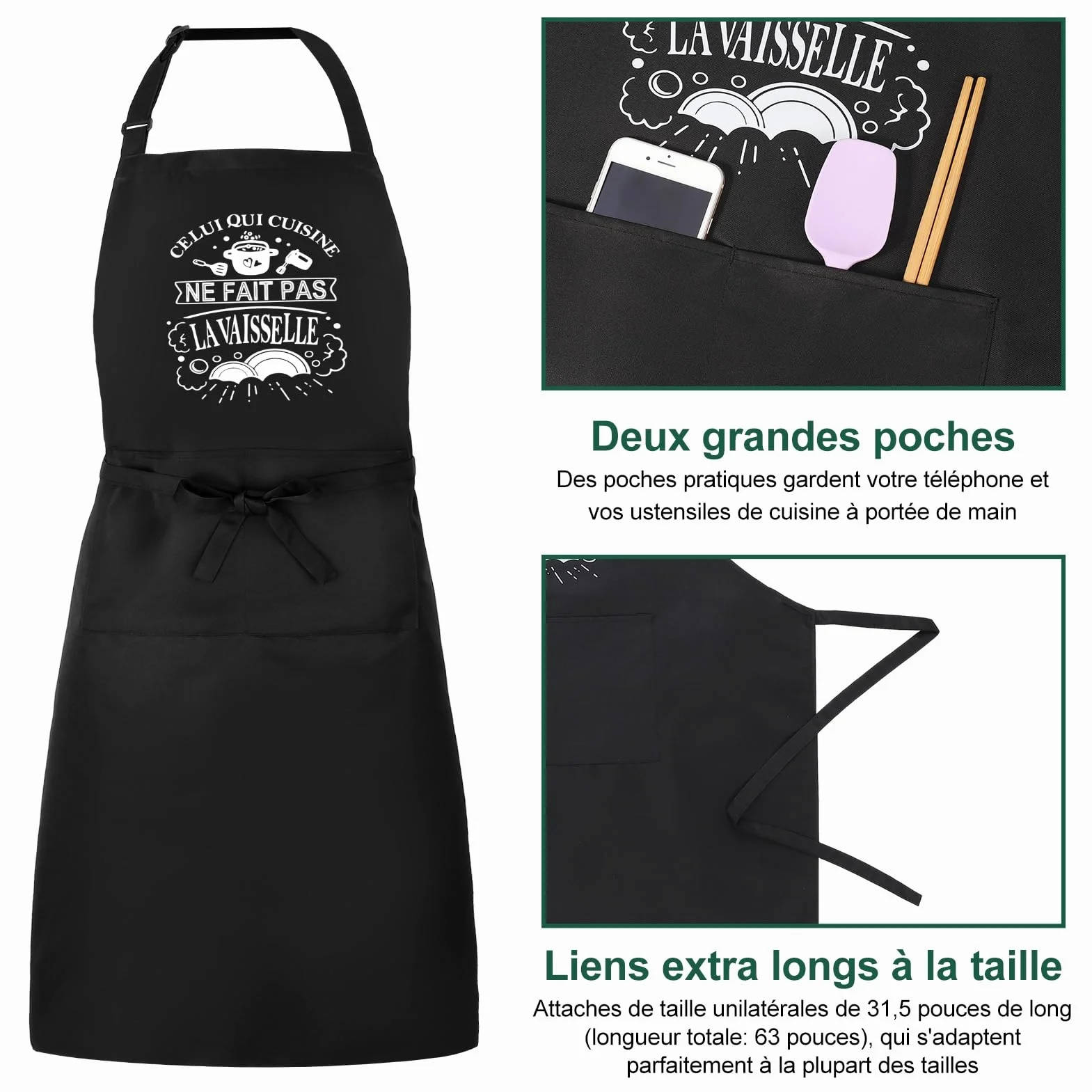 Tablier de Cuisine pour Homme, Tabliers de Cuisine Étanche Réglable Tablier Barbecue avec Poches Idée Cadeau Fête des pères