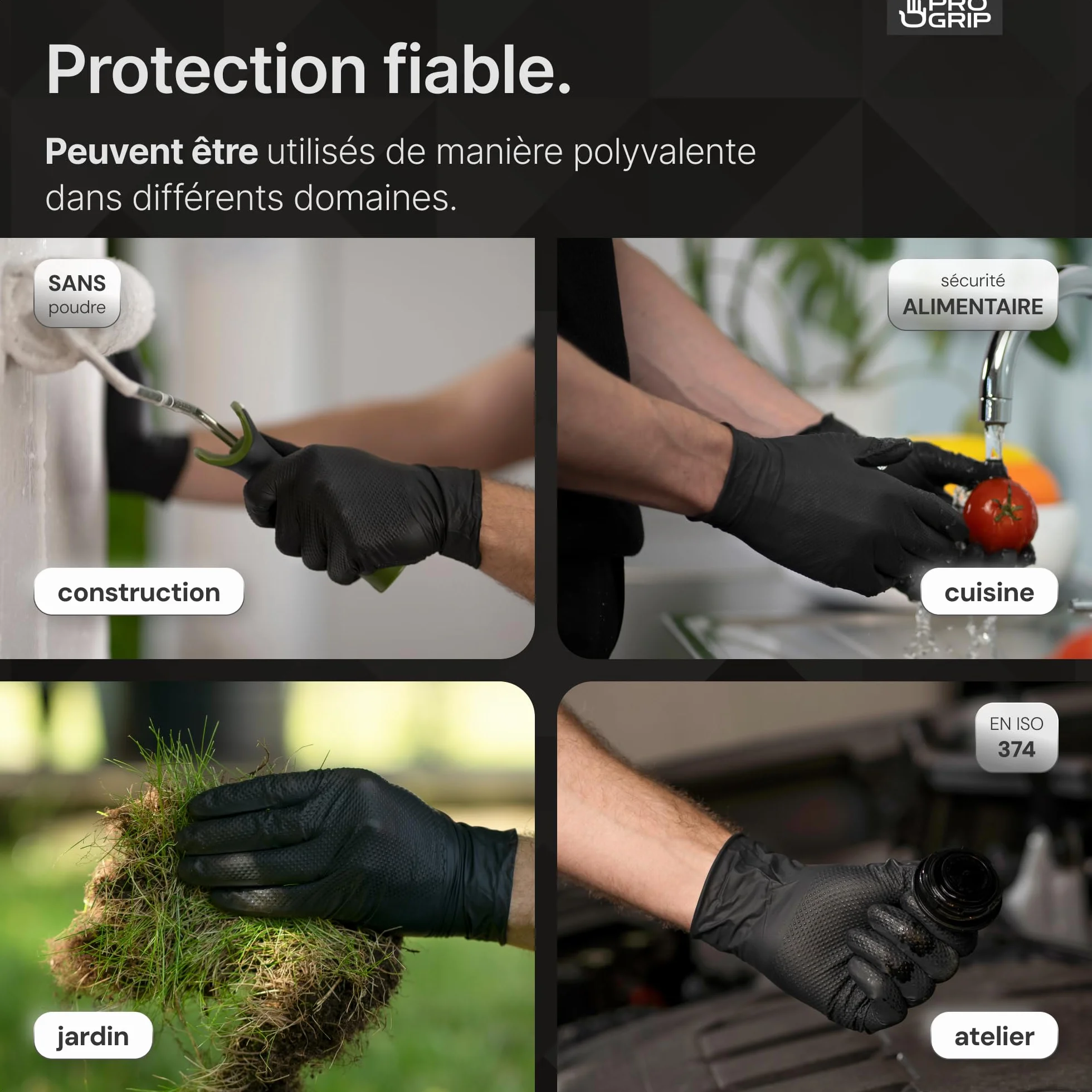 PROGRIP Gants nitrile taille L Noir double épaisseur texture diamantée usage unique atelier industrie montage