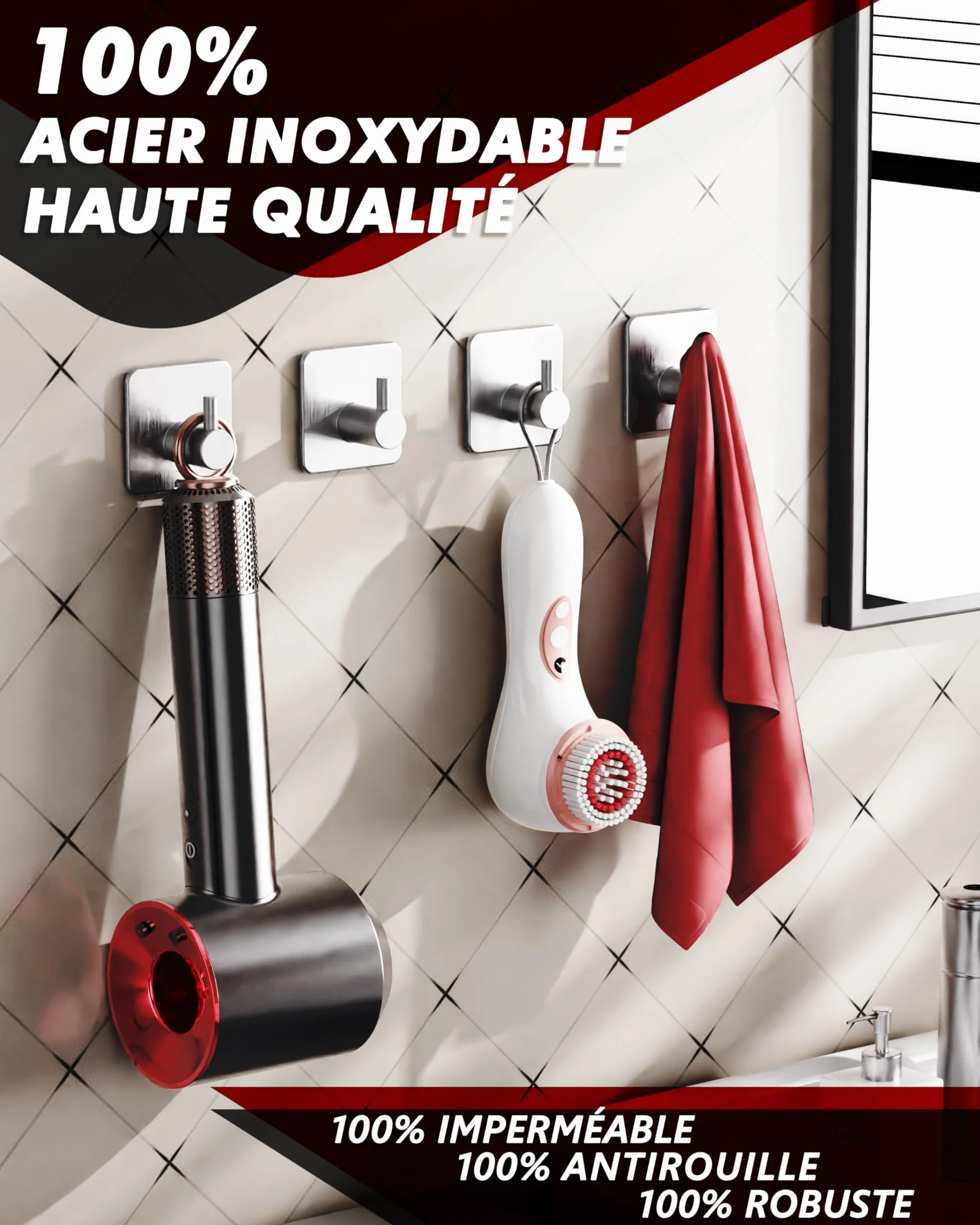Auxmir Crochet Adhésif Mural en Acier Inoxydable, 6 Pièces Porte Serviette Cuisine Salle de Bains