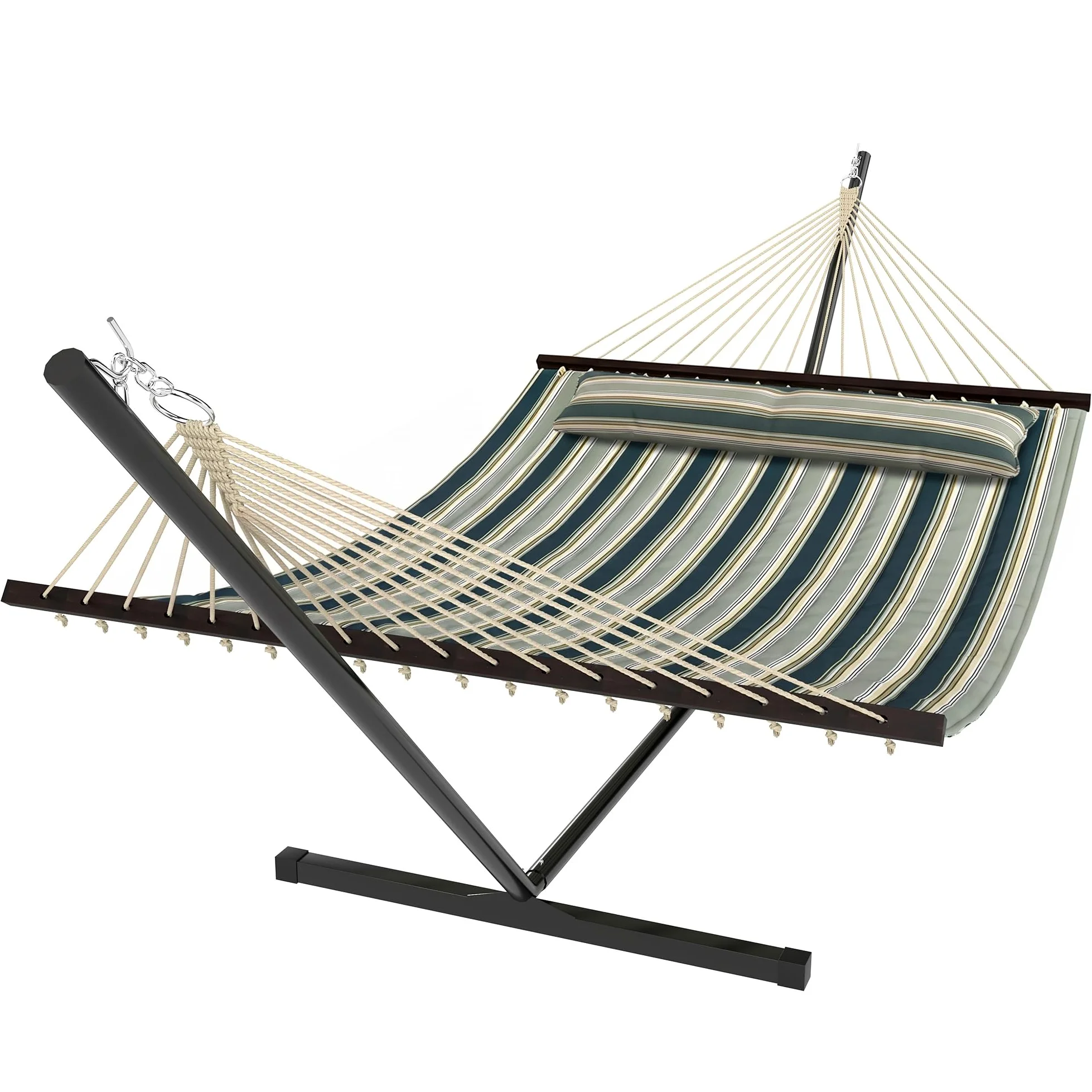 Outsunny Hamac sur Pied 353 cm, hamac avec Support Acier avec Coussin Amovible et Barres d'écartement, pour intérieur et extérieur, lit de Sieste rayé, Vert