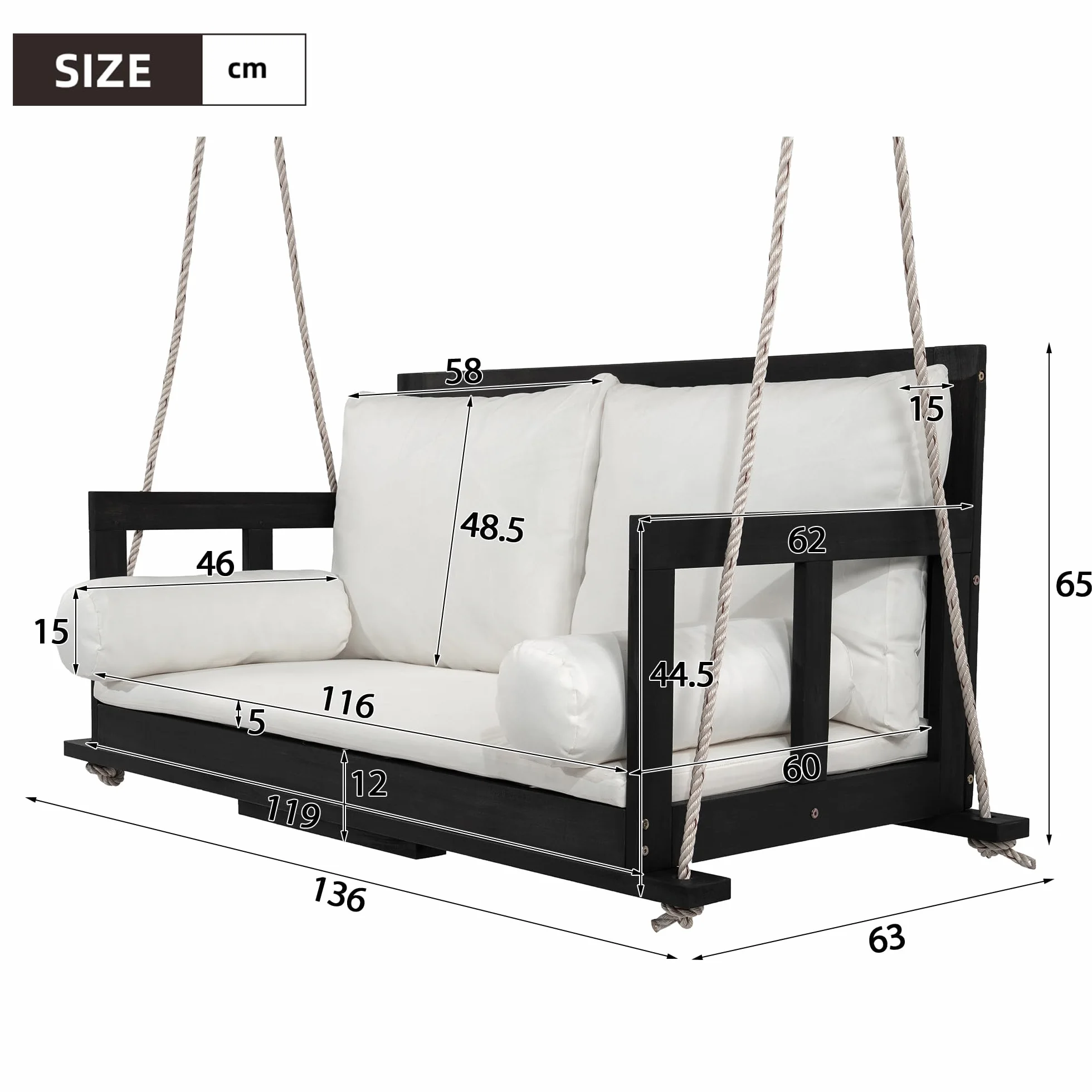 Merax Balançoire double en bois d'acacia, balançoire suspendue pour jardin avec coussin amovible et lavable, coussin d'accoudoir et 2 cordes de suspension, bois massif, noir