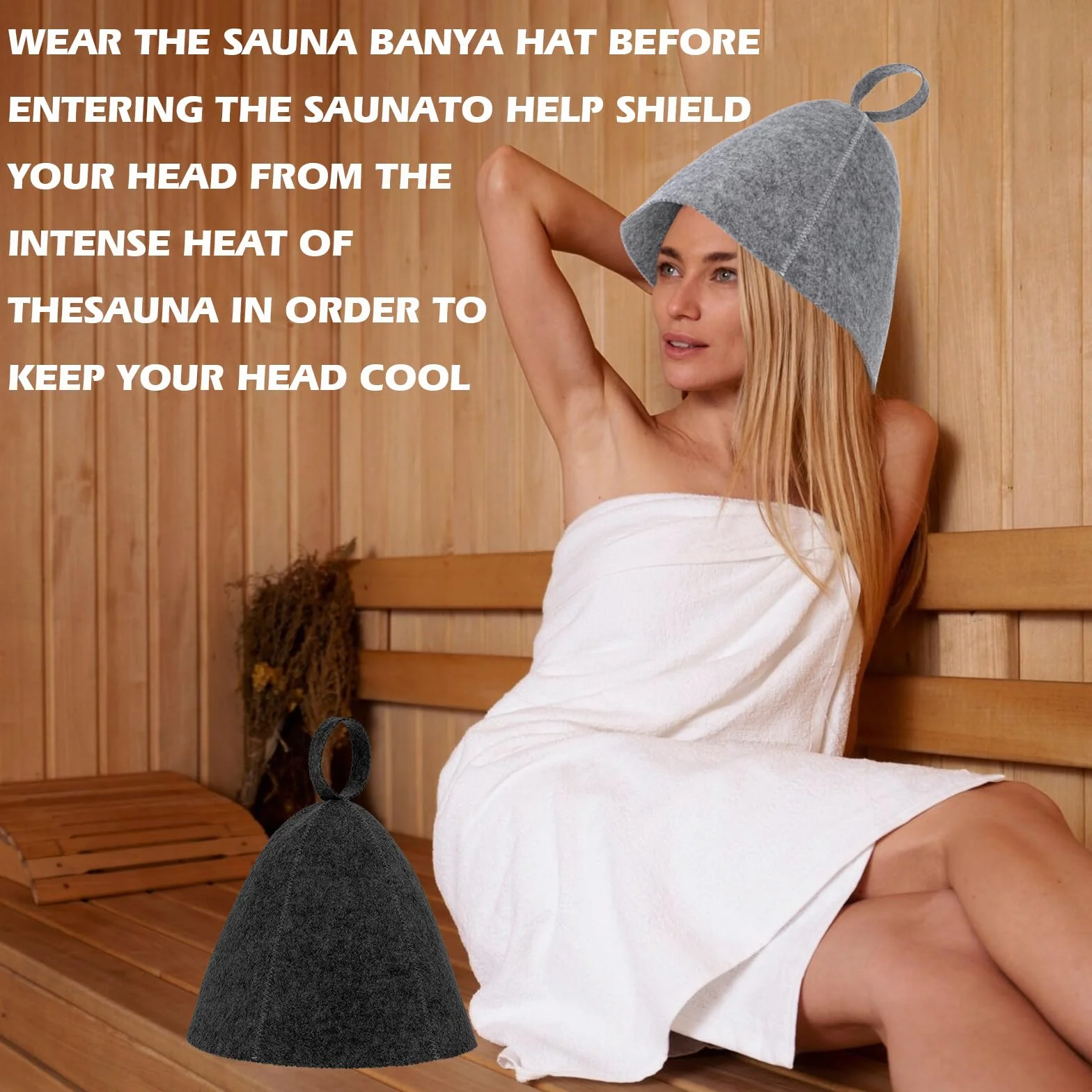 Lot de 2 bonnets de sauna en feutre de laine absorbant - Protection de la tête taille universelle gris noir
