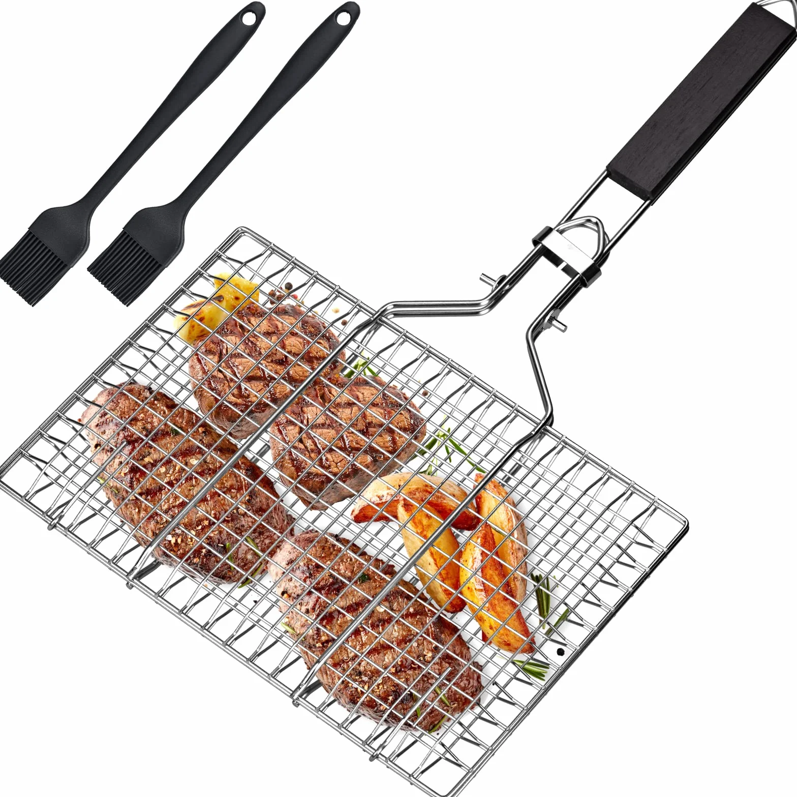 Panier à Rôtir à Poisson, Panier de Barbecue en Acier Inoxydable, Pliable, Portable, Accessoires Inoxydables Panier pour Barbecue, avec Sac Oxford et 2 Brosses en Silicone
