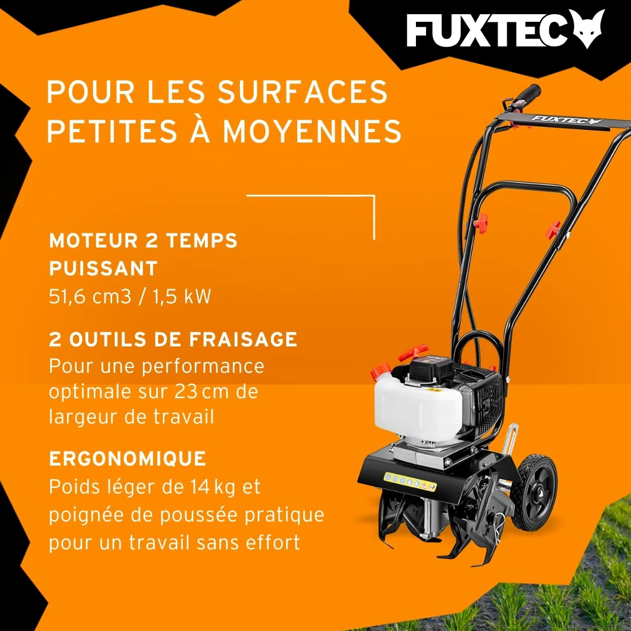 FUXTEC Motobineuse thermique FX-AF152 – Moteur 2 temps 51,6 cm³ – 23 cm de largeur – Profondeur de 70 mm – Fraises étoilées – Léger & maniable – Poignée ergonomique