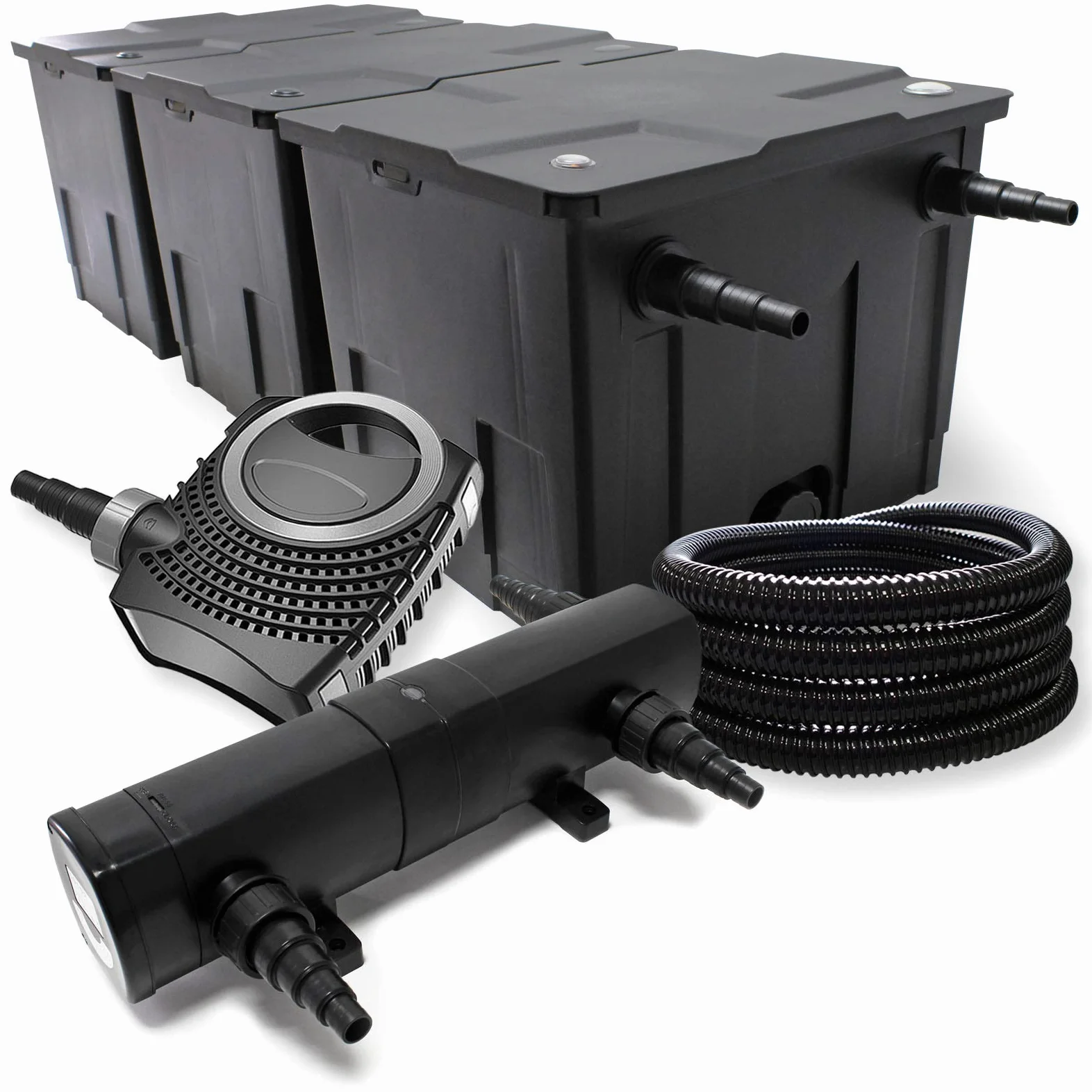Wiltec Kit complet: CBF-350C Filtre de bassin jusqu'à 90000 L Biologique, NEO10000 SuperECO pompe de filtration 10000l/h 80W, CUV-236 lampe uv UVC Clarificateur avec 36W, 25m Tuyau 25 mm