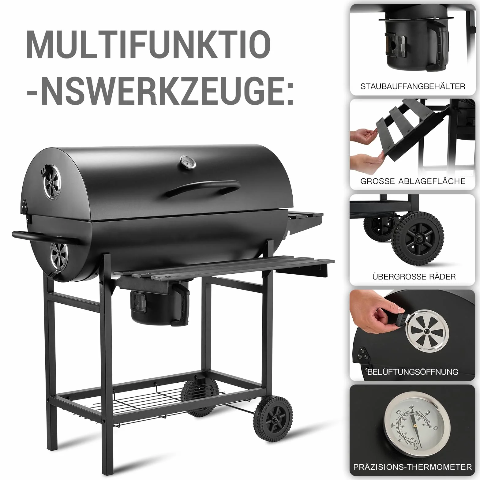 TEENO Barbecue au Charbon de Bois XXL avec Grille de Cuisson, Gants Anti-Brûlures, Thermomètre