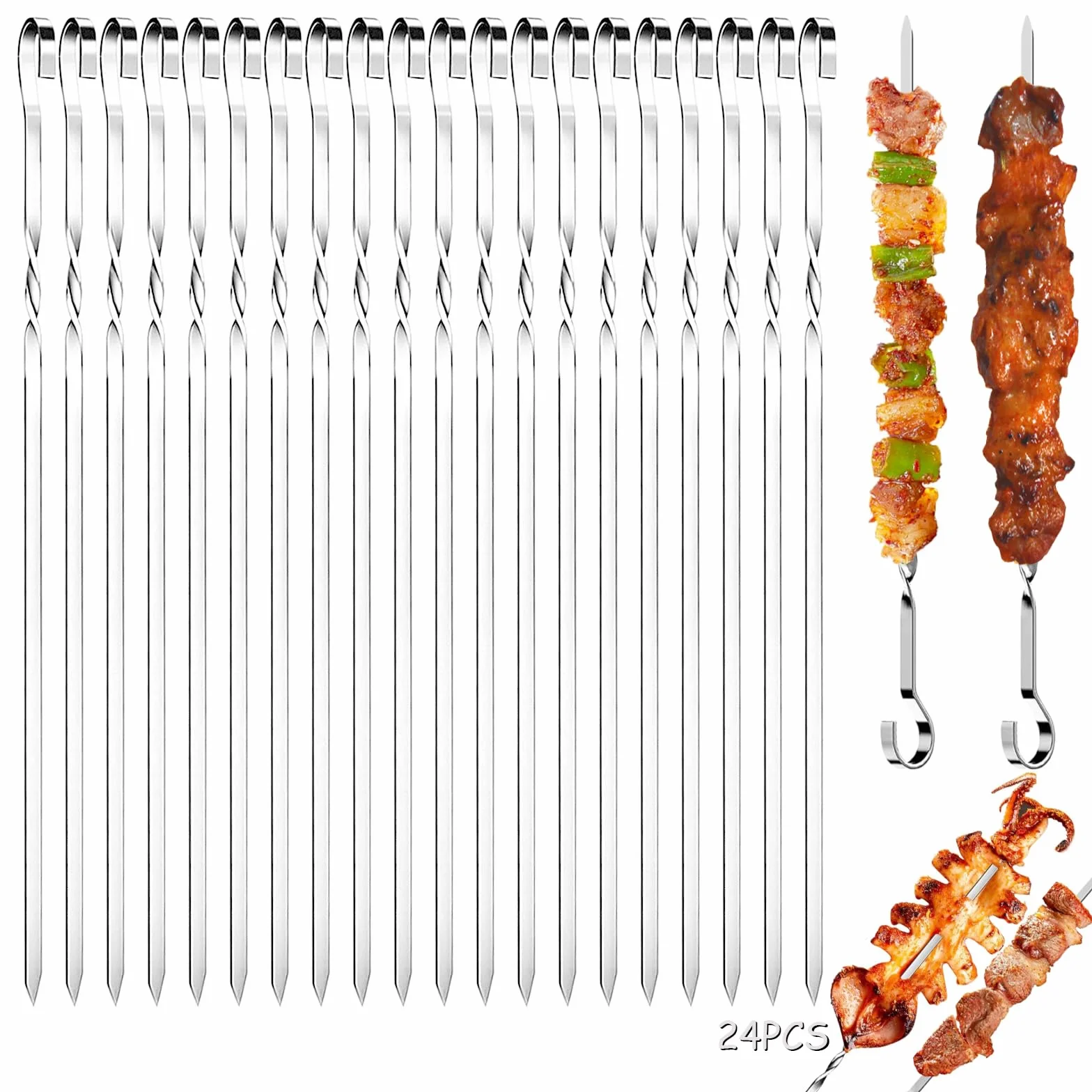 Brochette inox barbecue réutilisables – Lot de 24 pièces pour viande et légumes