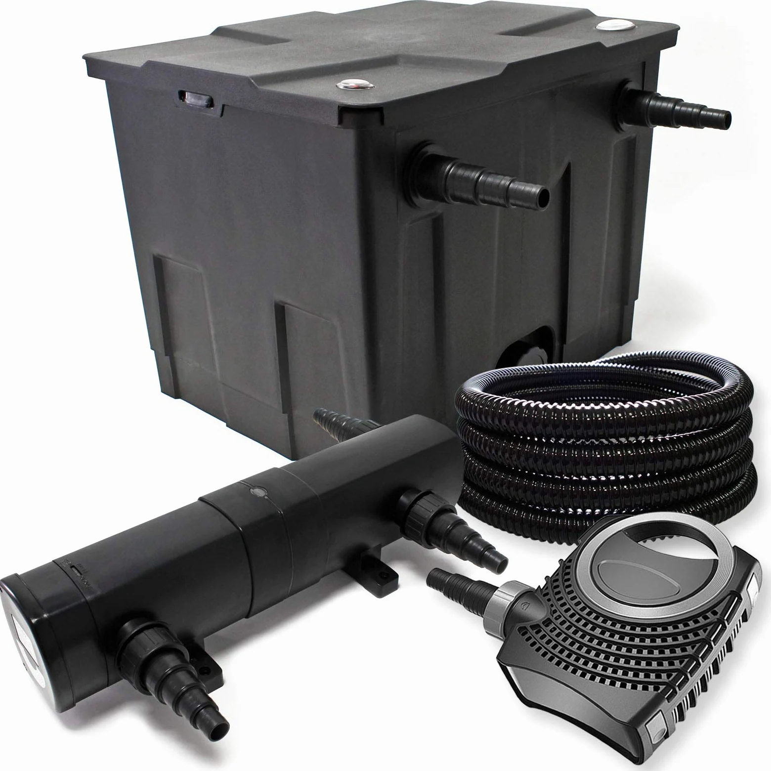 Wiltec Kit complet: CBF-350 Filtre de bassin jusqu'à 12000 L Biologique, NEO10000 SuperECO pompe de filtration 10000l/h 80W, CUV-224 lampe uv UVC Clarificateur avec 24W, 25m Tuyau 25 mm
