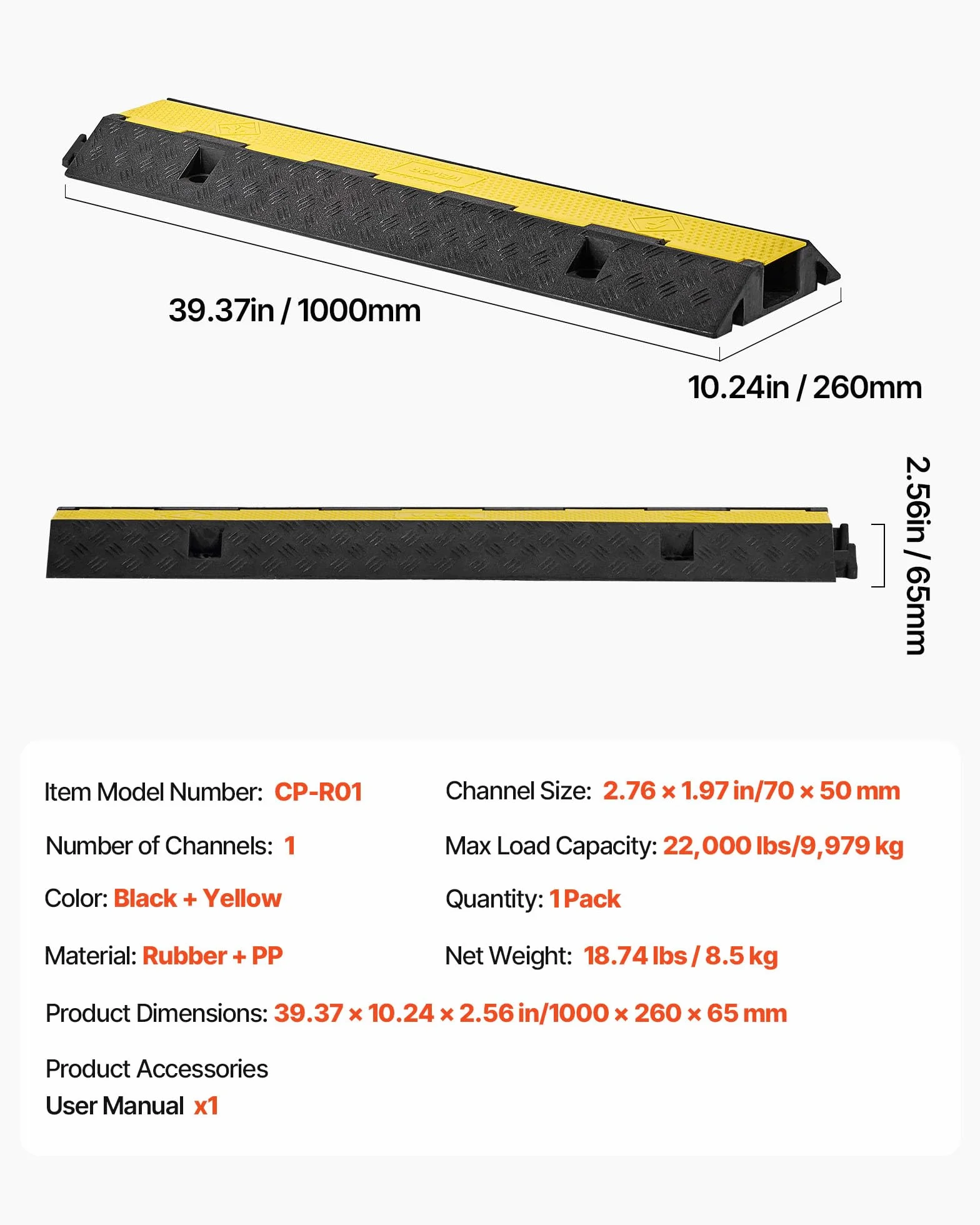 VEVOR Rampe de Protection Câbles 9979 kg 1 Canal 70 x 50 mm Caoutchouc