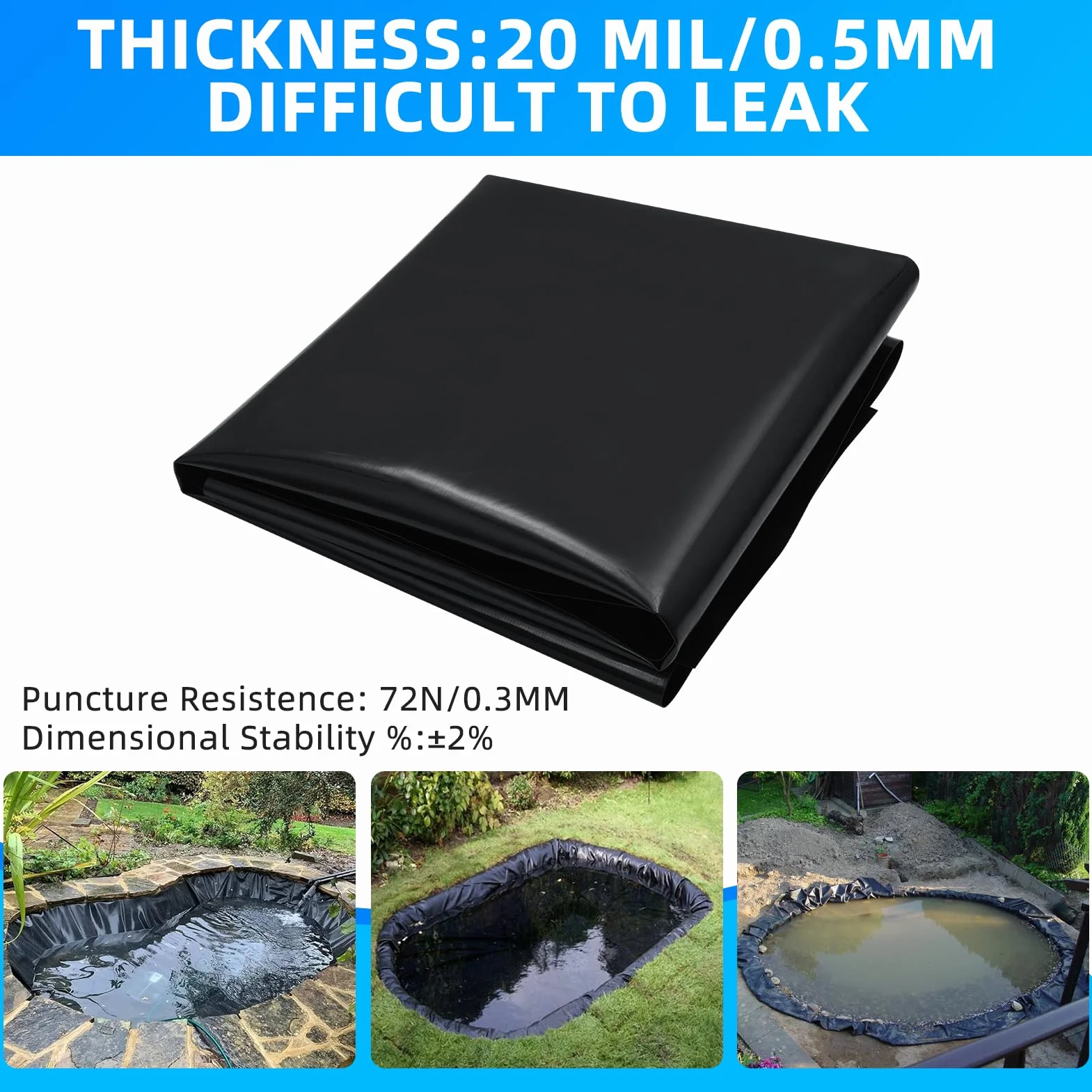 Bâche pour bassin HDPE 6x6m 0,5mm étanche résistante UV intempéries déchirures jardin poissons fontaine cascade
