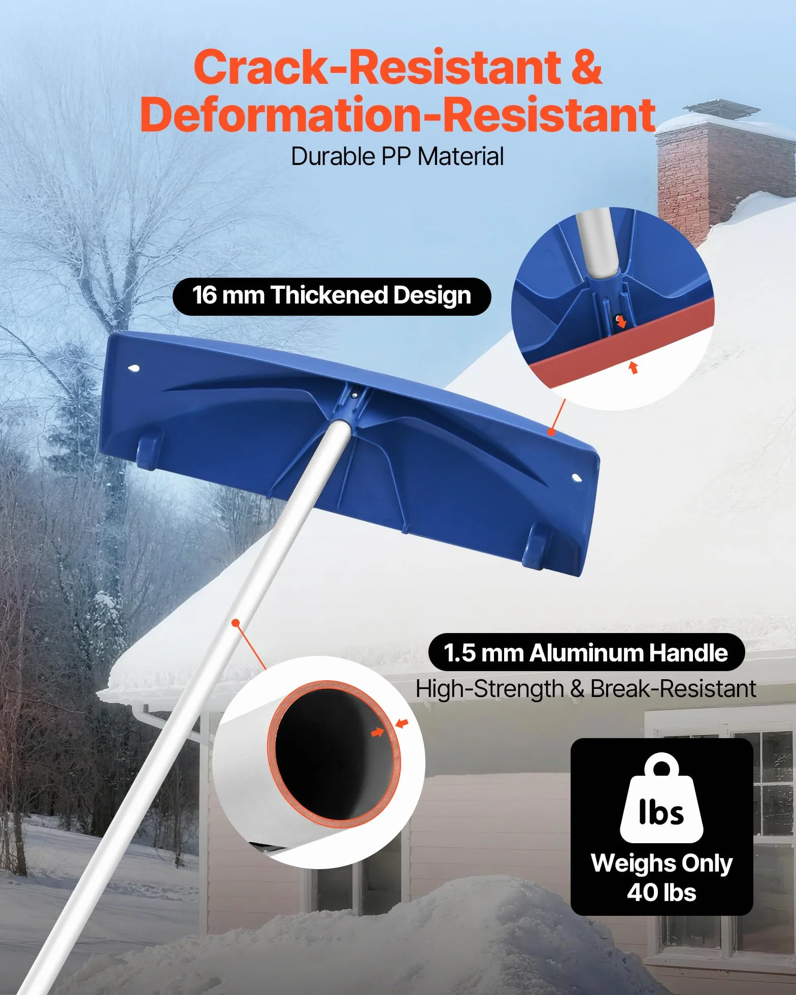 VEVOR Râteau à Neige de Toit 60 cm Réglable 1,18-5,5 m Grattoir Plastique PP Roues Inférieures