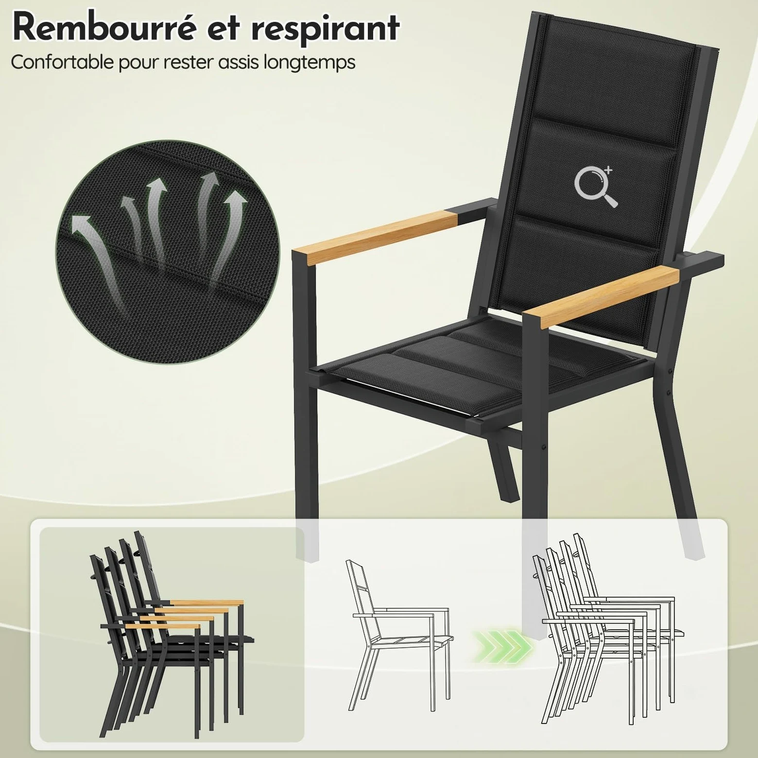 Devoko Salon de Jardin Exterieur 8 Personnes, HDPS Table de 189 cm et 8 Chaises Empilable d'Extérieur en Aluminium Durable, Design à Veine de Bois, Idéal pour Cour, Terrasse ou Bord de Piscine, Gris