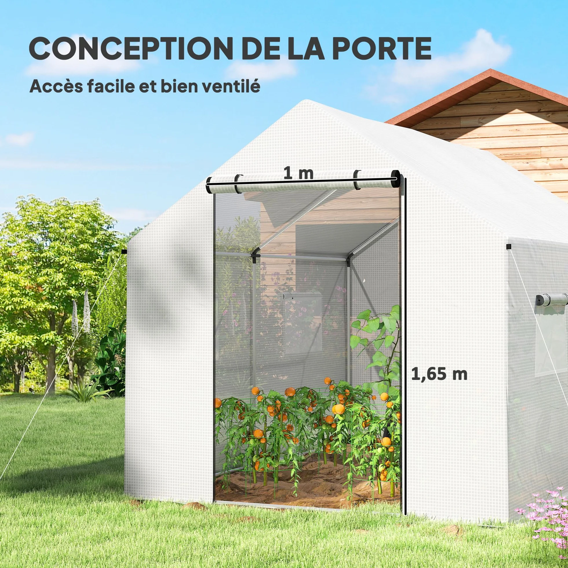 Outsunny Serre de Jardin Tunnel 2 x 3m, 6m² avec Porte Enroulable, 4 fenêtres, - Acier galvanisé PE Haute densité Blanc