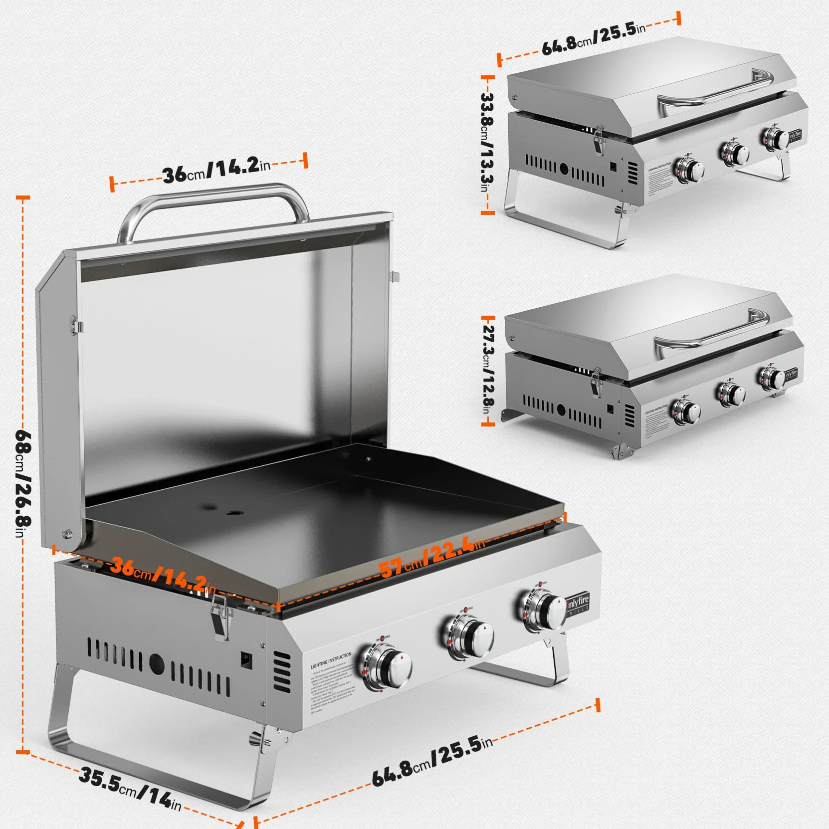 onlyfire Plancha à Gaz de Table en Inox, Barbecue Gaz avec Couvercle et 3 Brûleurs 7kW, Plancha 57x36cm avec Revêtement en Céramique Antiadhésif, Pieds Pliables pour Terrasse, Balcon et Camping