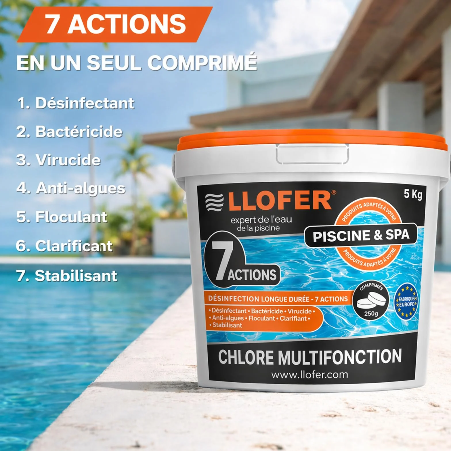 Chlore Multifonction en Galet 250g-5kg Désinfection Longue Durée 7 en 1 Haute Teneur 92% Fabriqué en Europe