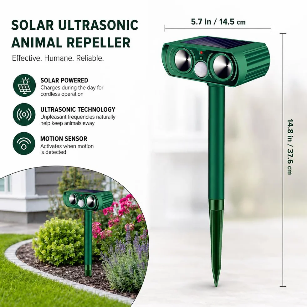 Repulsif Chat Exterieur Solaire à Ultrason, Repulsif Chat Ultrason pour Jardin, Appareil Étanche Contre Taupes, Oiseaux, Souris et Rats avec LED Clignotante (Standard)
