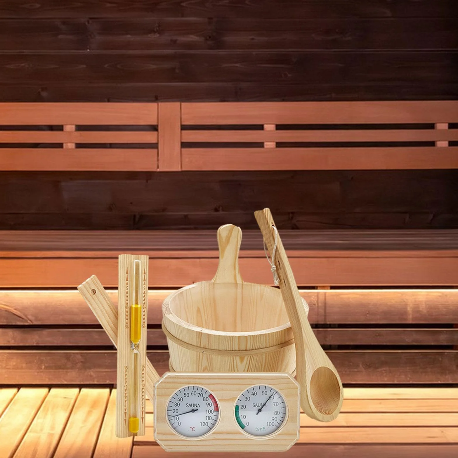 MagiDeal Kit Accessoires Sauna, Seau 4 L avec Poignée, Thermomètre Hygromètre, Louche, Sablier, Bois de Pin