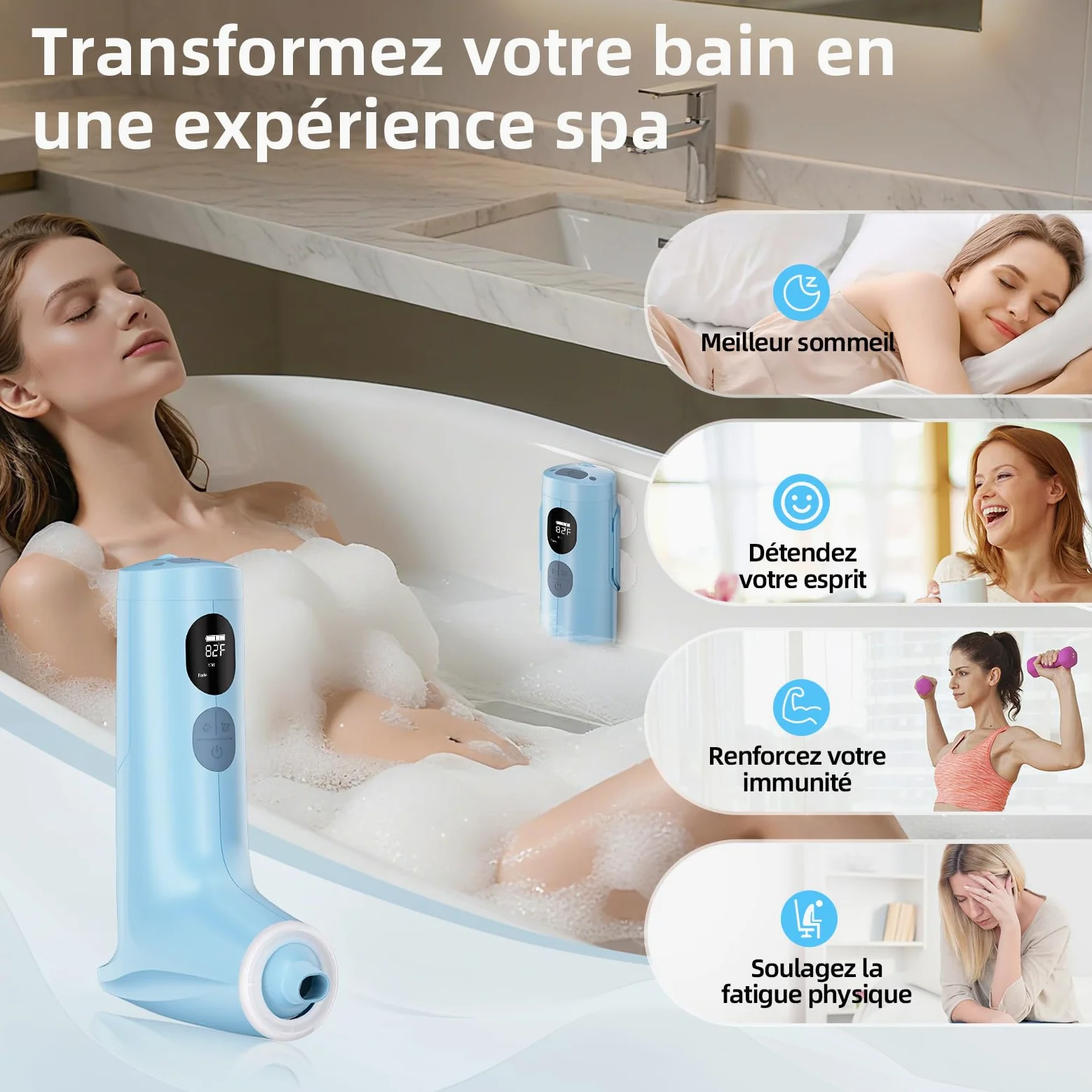 Spa de bain jet avec mode mousse, jet d'eau à 3 niveaux, 7 couleurs RVB, IP67, affichage de la température, plaisir du bain en famille à la maison