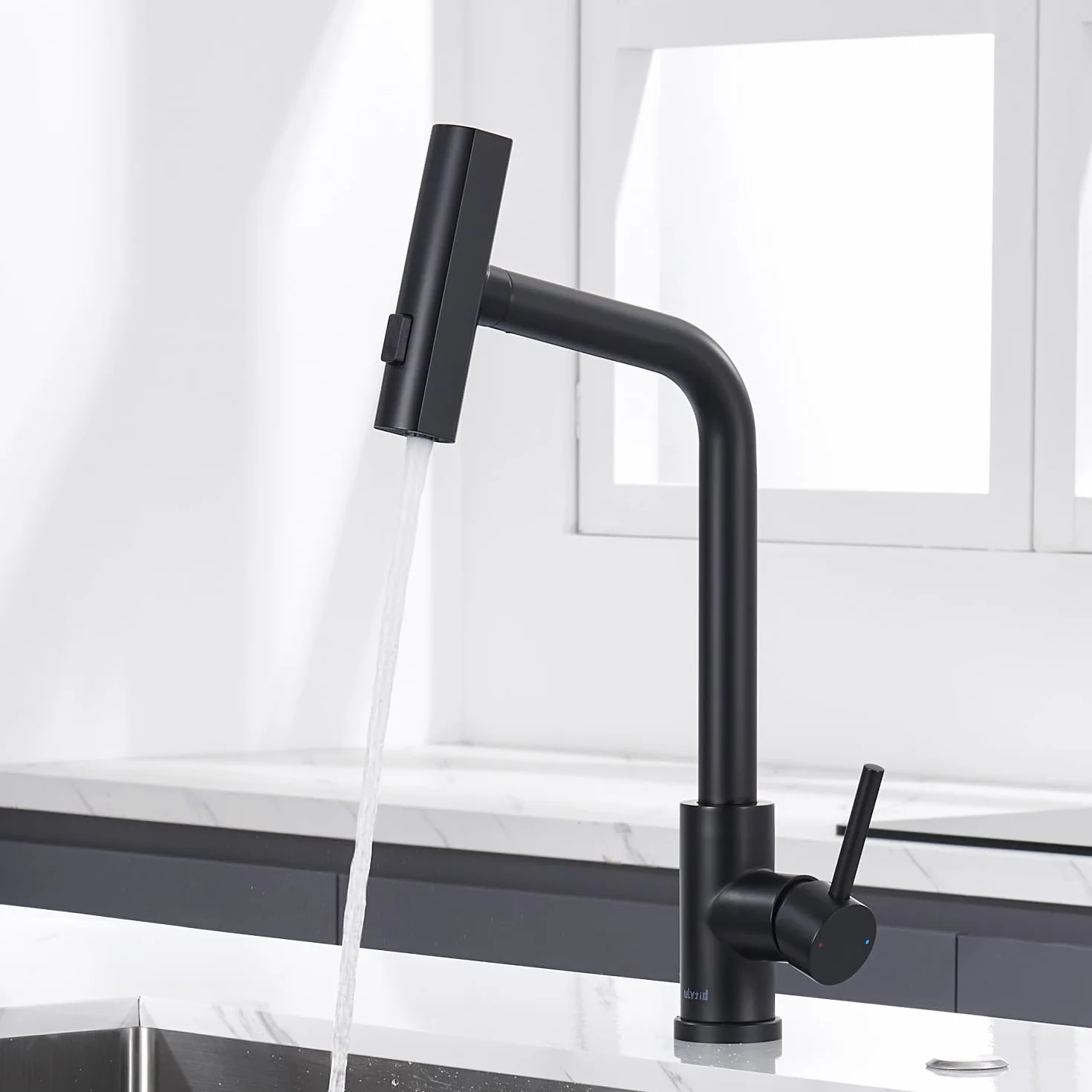 Mitigeur Cuisine Noir Cascade, Douchette Extractible 3 Modes, Robinetterie Evier Escamotable Rotatif 360° Acier Inoxydable
