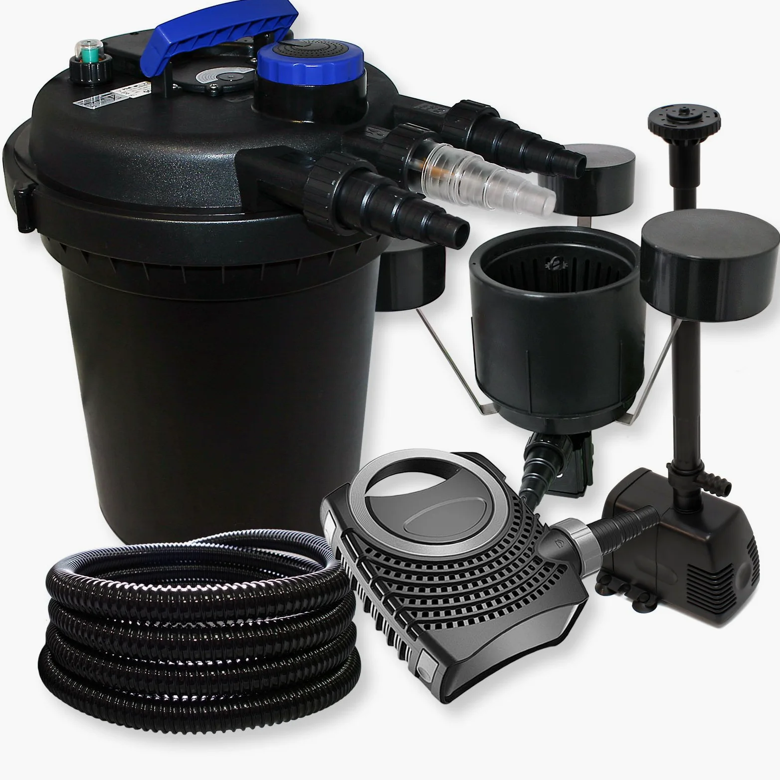 SunSun Kit complet: CPF-180 Filtre de bassin à pression jusqu’à 6000 L 11 Watt lampe uv, CTF-8000 pompe 8000l/h 70W, 25m Tuyau 25 mm, CSP-250 Écumeur 2500l/h 45W, HJ-943 fontaine 800l/h 16W