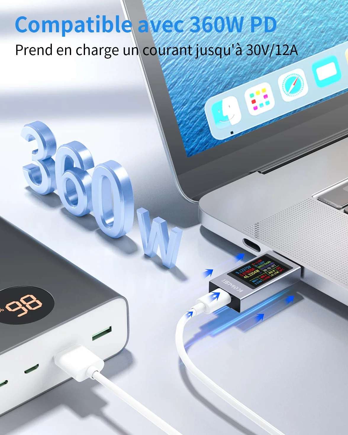 Testeur USB C Meter Tension 4-30V 0-12A Type C Multimètre Numérique Wattmètre Voltmètre Ampèremètre
