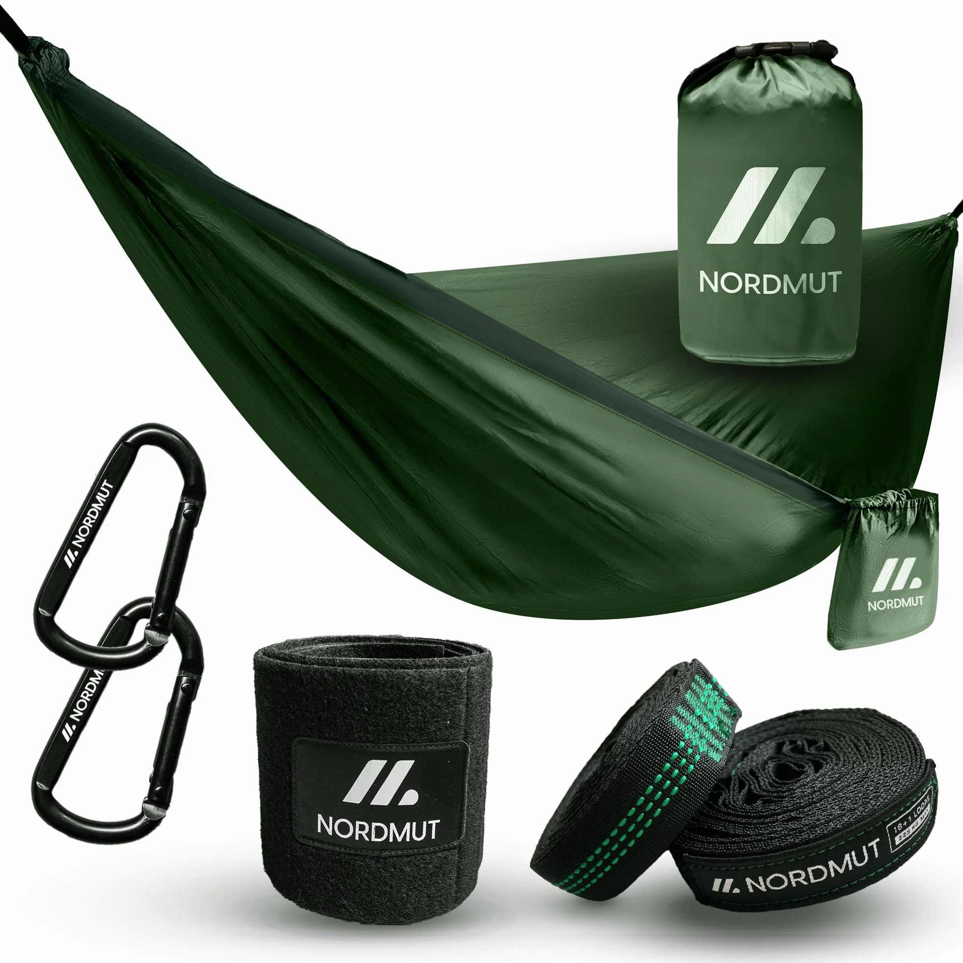 NORDMUT Hamac Ultra Léger Outdoor avec Kit de Fixation – Hamac de Camping avec Protection des Arbres 300 kg Vert 140 x 275 cm