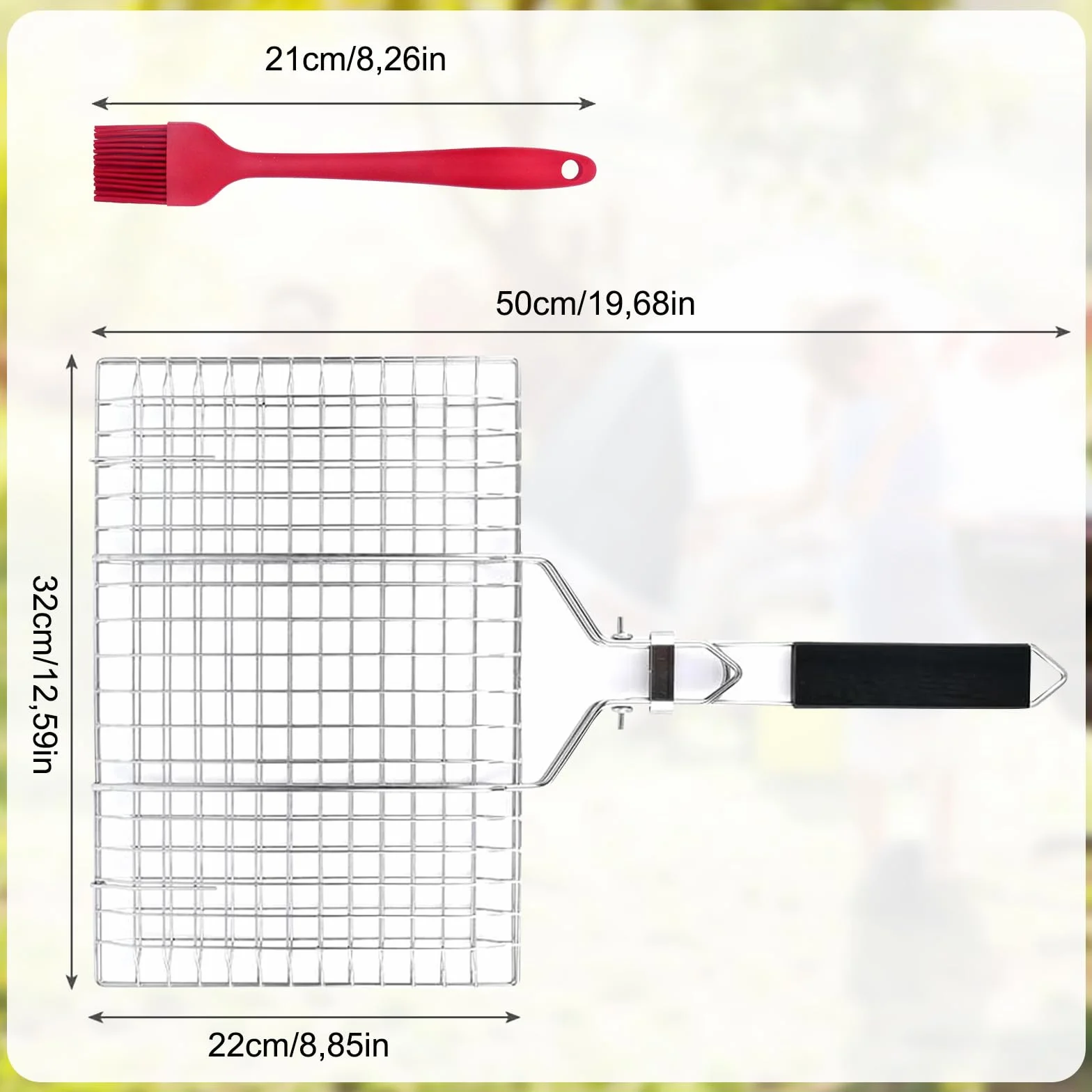 Panier de Barbecue Pliable 32 x 22 cm Acier Inoxydable avec 2 Brosses Silicone pour Poisson Crevettes Légumes Steak