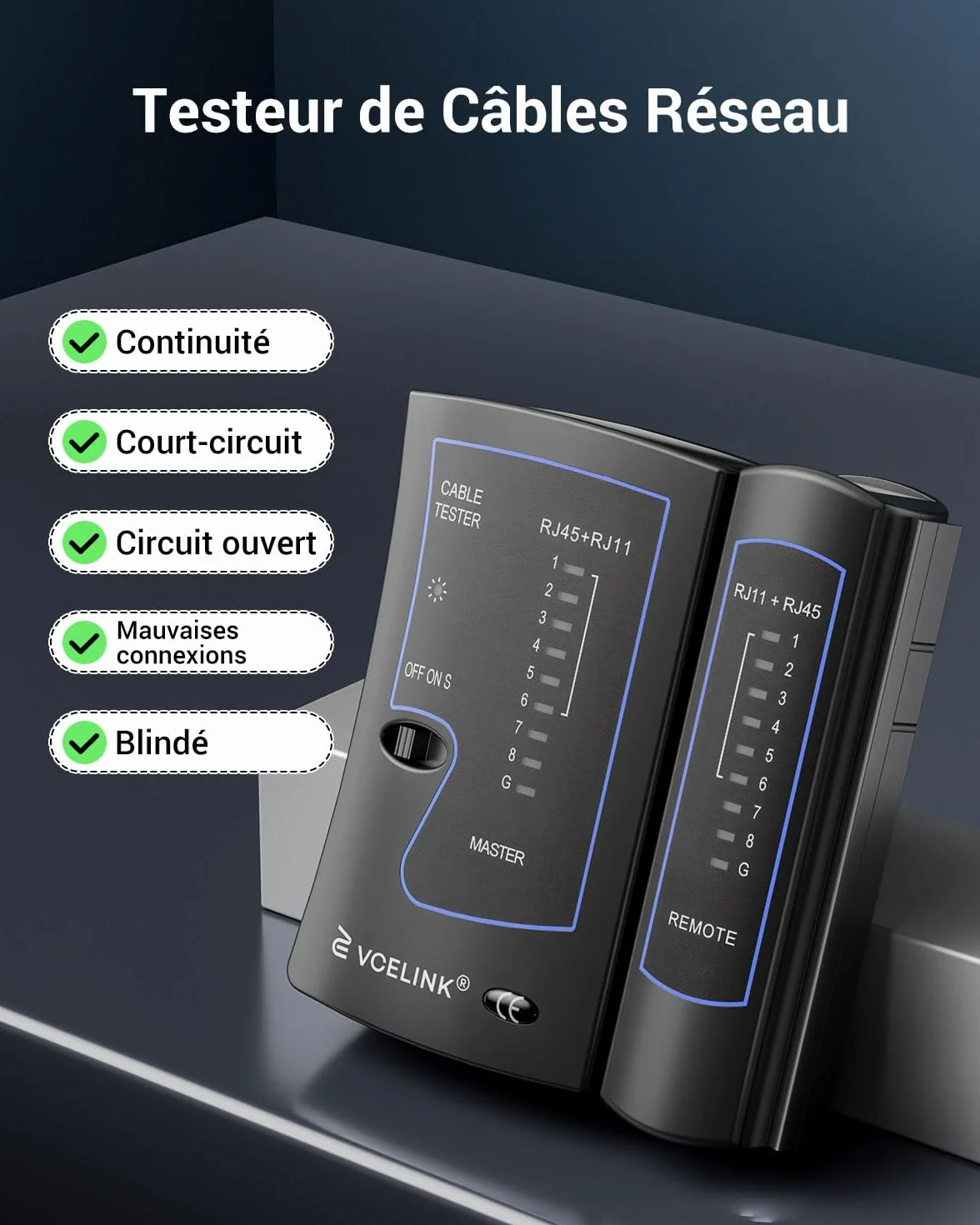 VCELINK Testeur RJ45 Testeur de Câble Réseau pour CAT7 CAT6A CAT6 CAT5E CAT5 RJ11 Noir