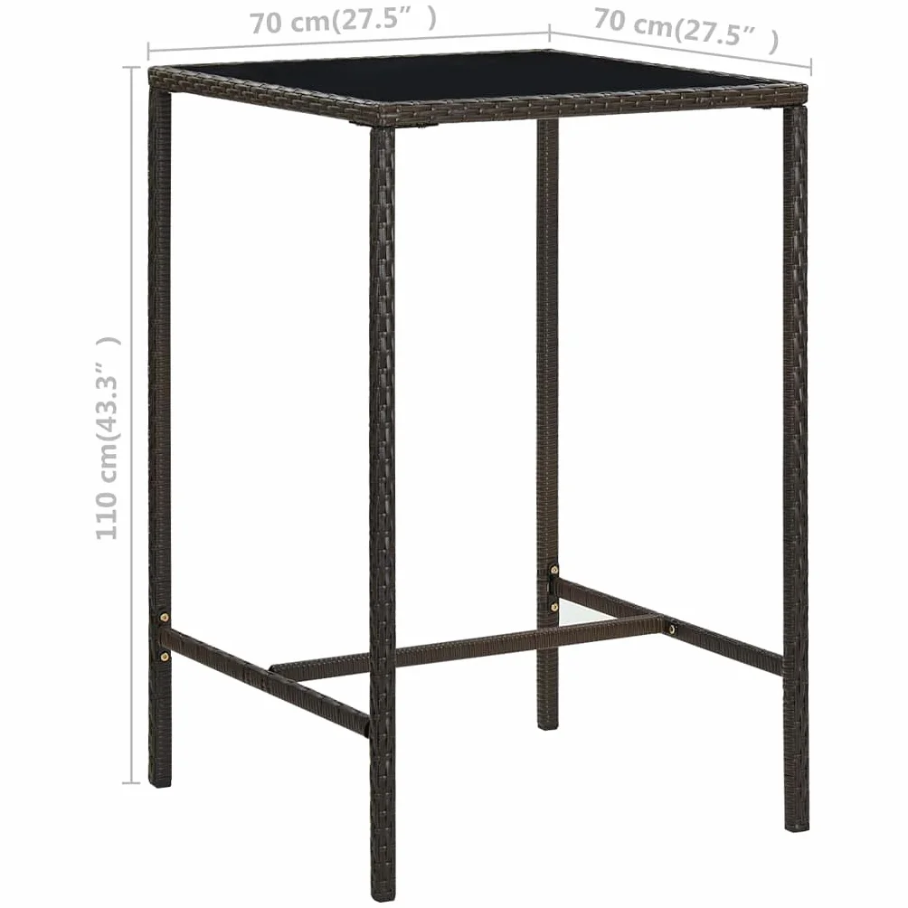 Table de Bar de Jardin Marron 70x70x110 cm Résine tressée Verre