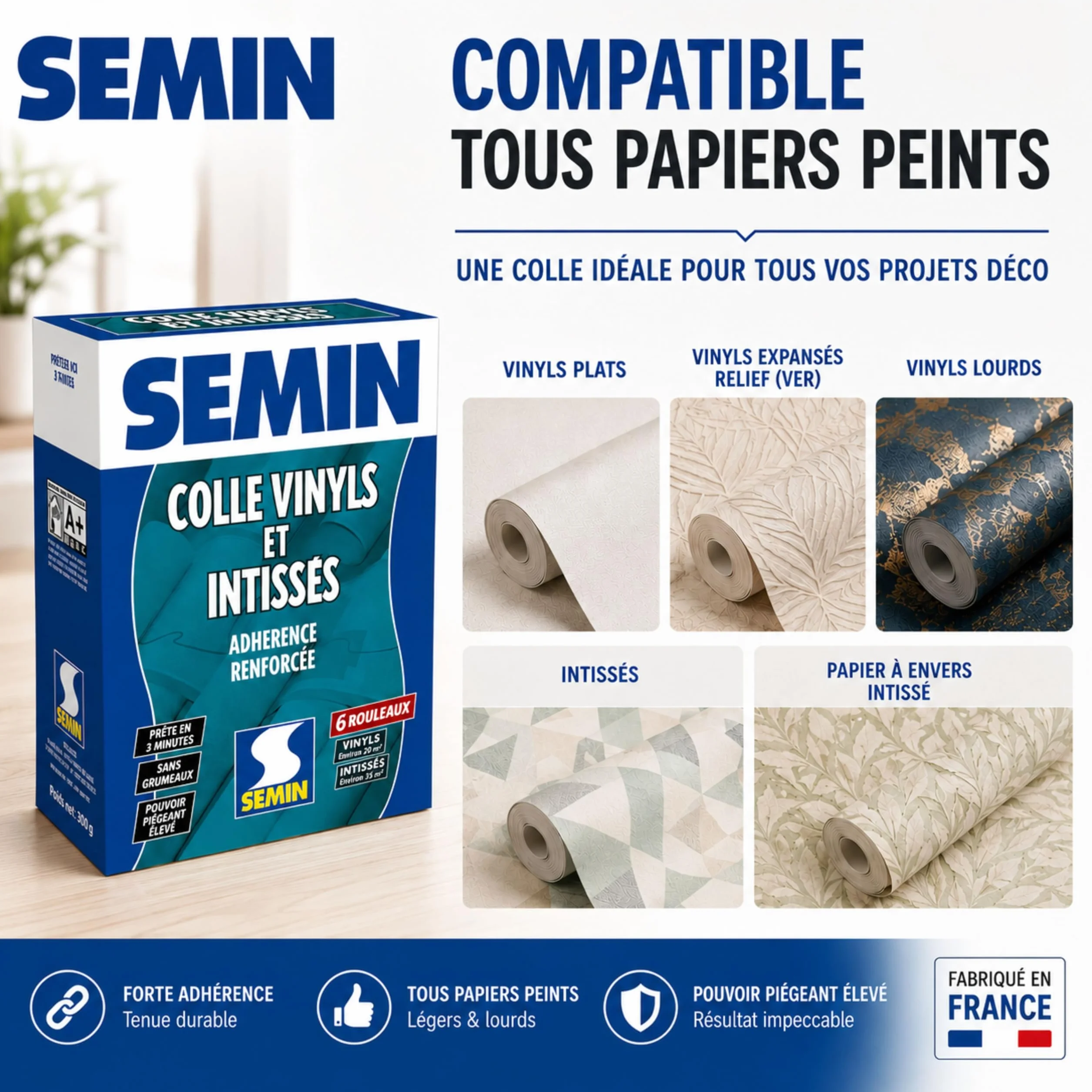 SEMIN Colle Papier Peint en Poudre 300g – Pour Papiers Peints Vinyls & Intissés – Sans Grumeaux – Prête en 3 Min – Forte Adhérence – Fabriquée en France
