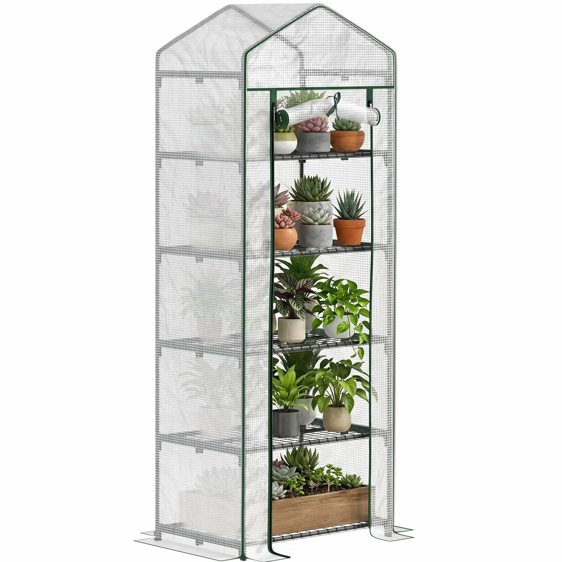 Outsunny Serre de Jardin PE avec étagères 5 Niveaux, Serre de Balcon, bâche renforcée, châssis en Acier, Porte zippée Enroulable, pour légumes Plantes Fleurs, 69 x 49 x 193 cm, Blanc