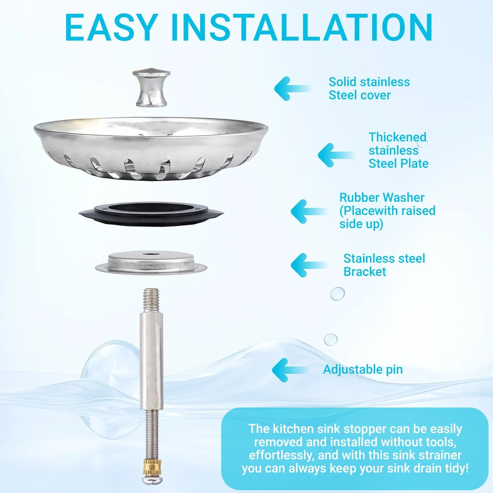 Bouchon Evier Cuisine Ø 80 mm Acier Inoxydable avec Goupille Réglable Crépine Anti Colmatage