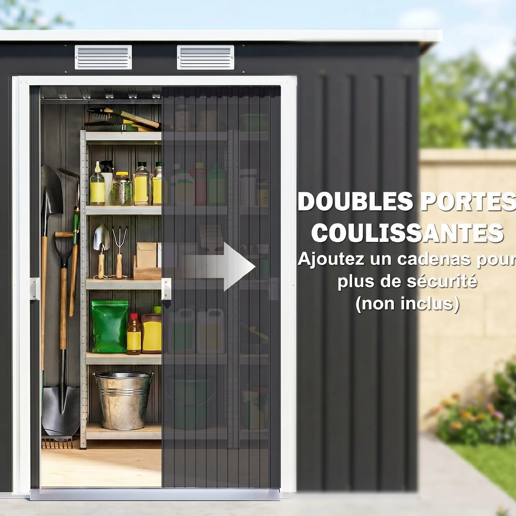 Outsunny Abri de Jardin Acier galvanisé 2,77 m² 213x130x172 cm Portes coulissantes verrouillables Gris foncé