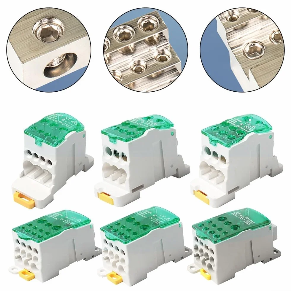 Yhenlovtt Boîte de jonction bornier rail DIN 80 A - 500 A Connecteur distribution alimentation unipolaire vert PC ignifuge laiton étamé 250 A