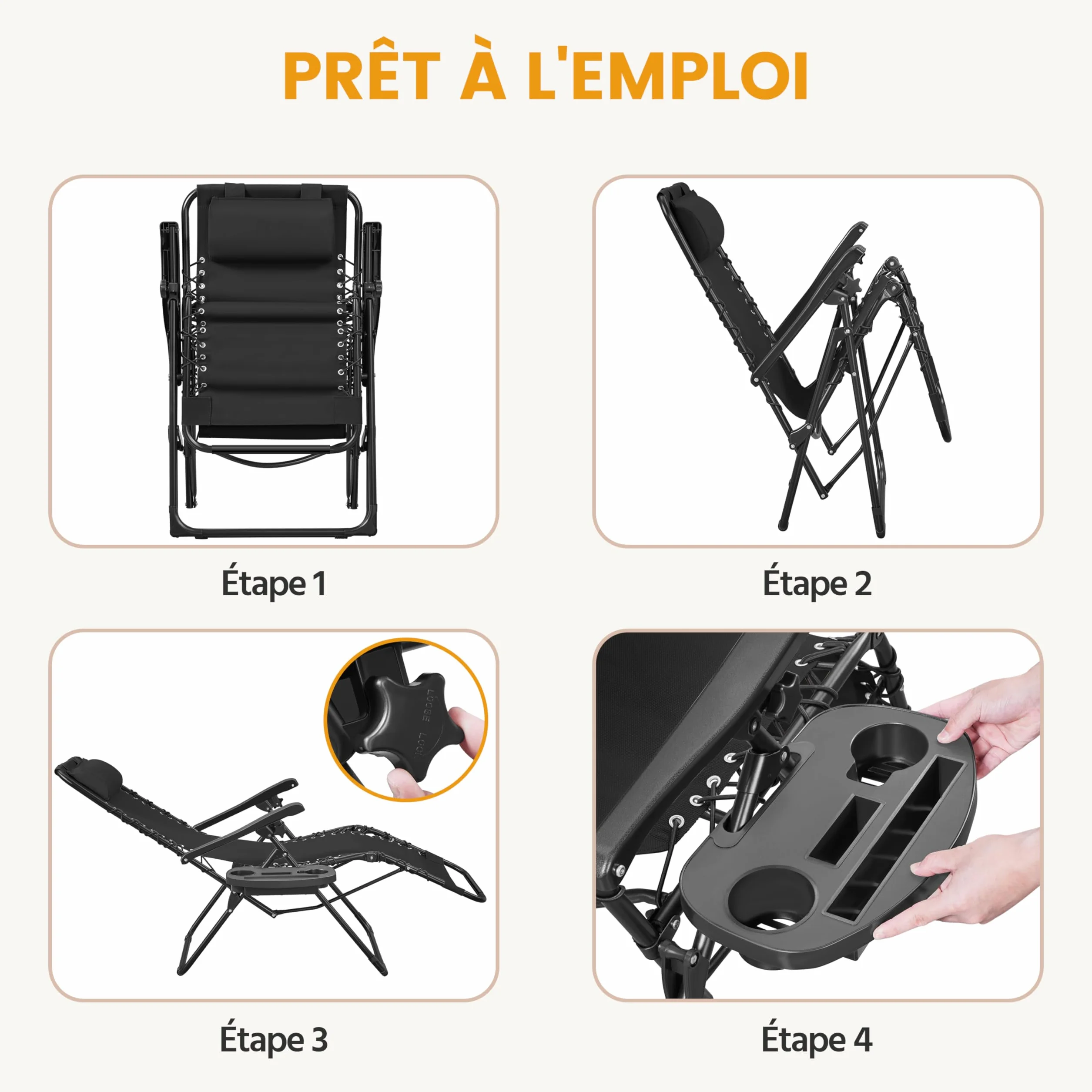 Transat en Textilène avec Plateau Amovible, Lot de 2 Chaise Longue Pliante Zéro Gravité Inclinable, Fauteuil Relax pour Bain de Soleil, Charge 114kg Noir