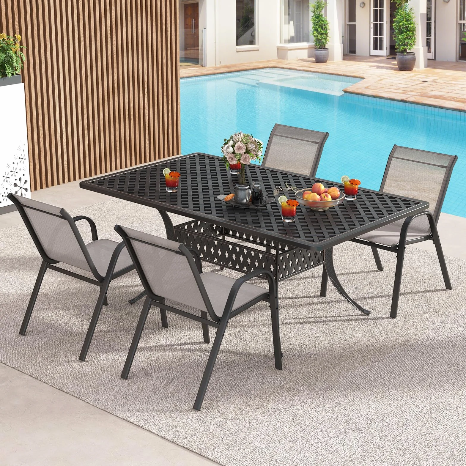 COSTWAY Lot de 2/4 Chaises de Jardin Exterieures avec Cadre en Métal, Chaise de Salle à Manger Empilable en Tissu Respirant, Fauteuil d'Extérieur pour Cour, Balcon, Piscine, Charge 150 KG (Gris,4)