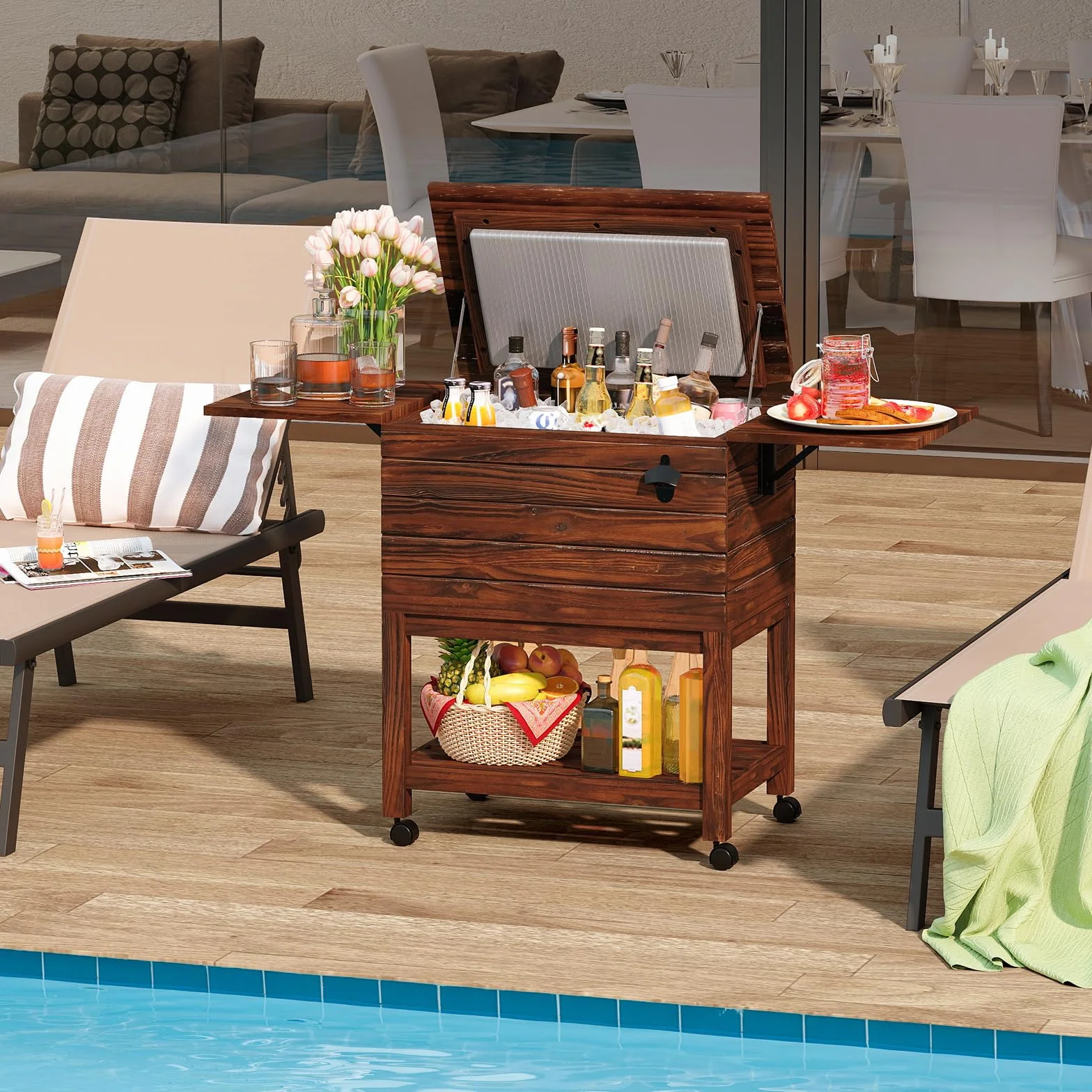 GOPLUS Desserte Glacière Bar Roulante Chariot Jardin 50 L 127 x 42,5 x 74 cm