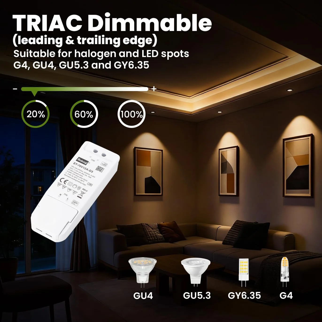 Transformateur 12V AC 70W Variable TRIAC pour MR11 MR16 G4 GU5.3 GY6.35 LED Halogène Driver