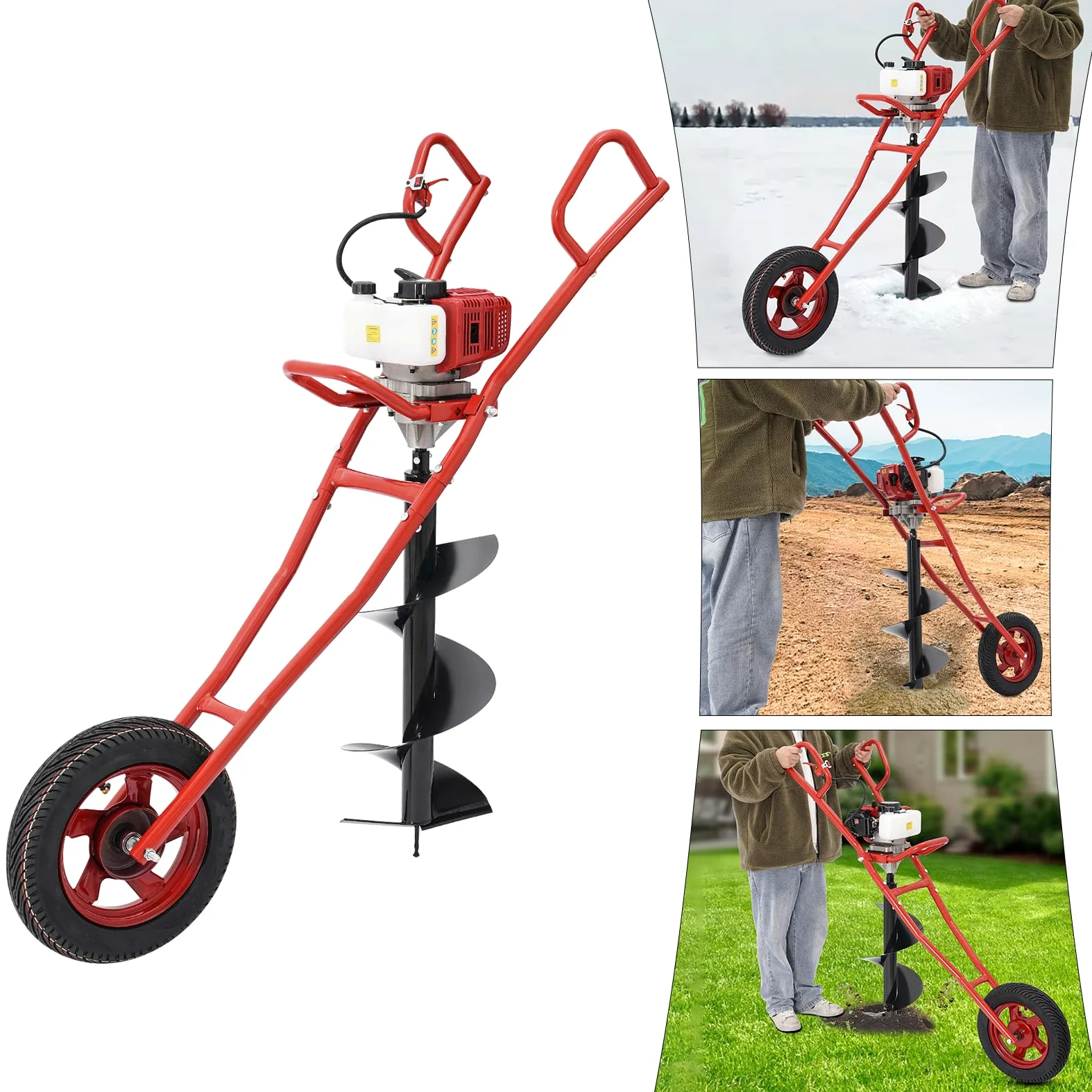 Tarière à 2 temps 52 CC pour perceuse à 1 roue, 1460 W, 8800 ± 300 tr/min, tarière pour creuser, poteaux de boîte aux lettres, installation de clôtures et terrasses.