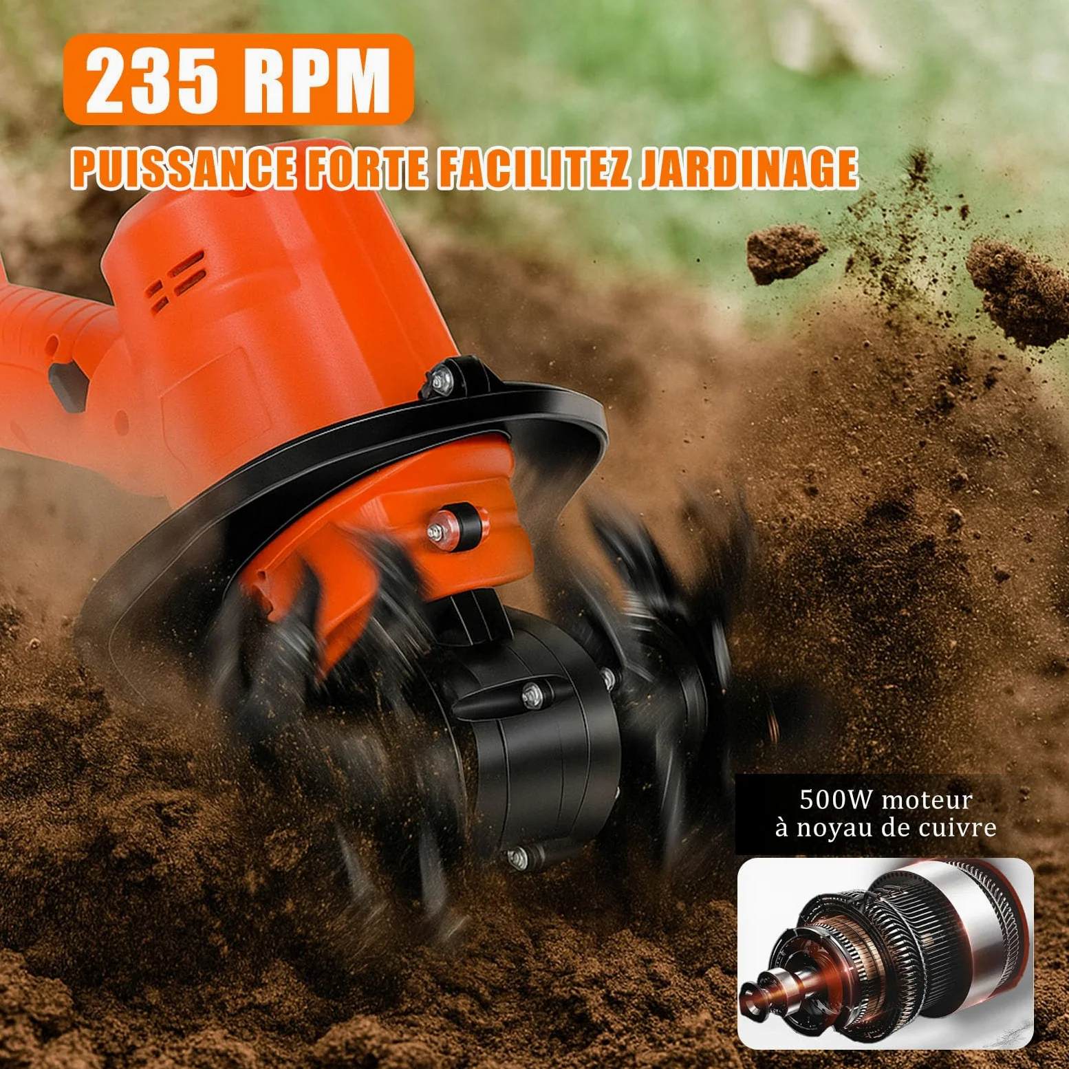 Motobineuse Électrique Sans Fil, 21V Motoculteur Portable avec Batterie et Charge, 235 RPM, Manche Amovible, Largeur/Profondeur de Travail 10/10 cm, Cultivateur pour Yard, Culture du Sol (2 Batteries)