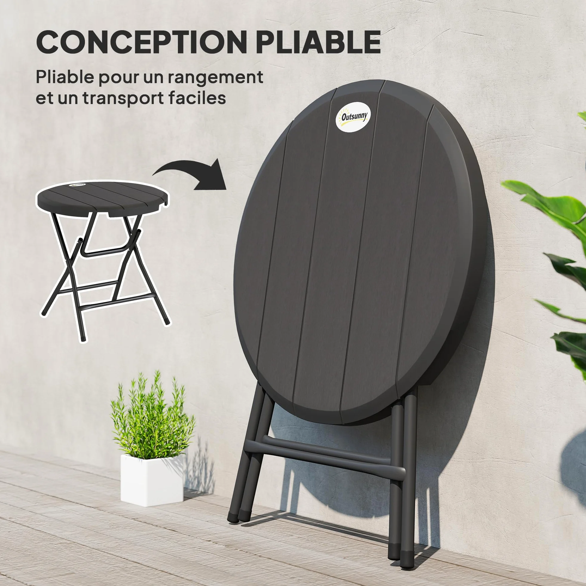 Outsunny Table Ronde Jardin 4 Personnes HDPE Acier Ø 80 x 73 cm Gris foncé