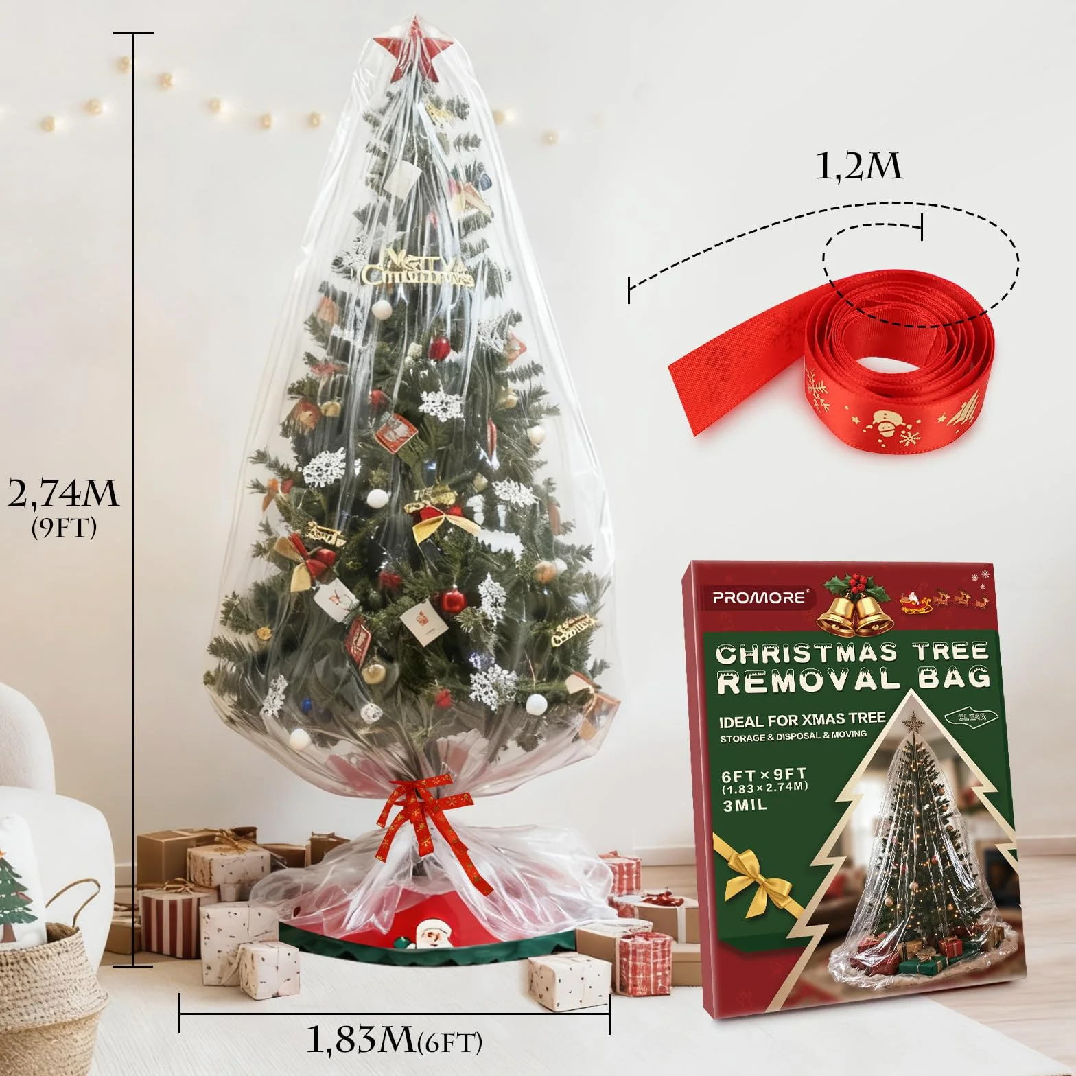 Sac de Rangement pour Sapin de Noël Arbre Transport étanche Extra Large,2,7 m de Haut par 1,8 m de Large,Sac en Plastique Imperméable - Clear