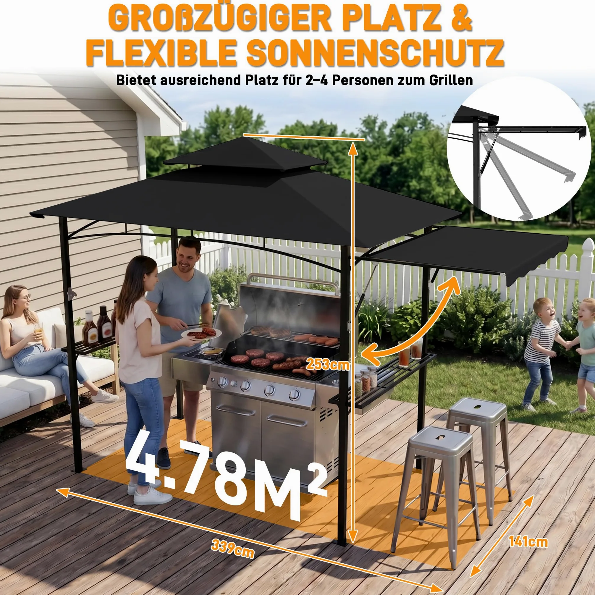 Tonnelle pour barbecue noire avec double toit et store latéral escamotable, 245x141 cm - Tonnelle pour barbecue avec cadre en métal et étagères pratiques, abris de jardin résistants aux