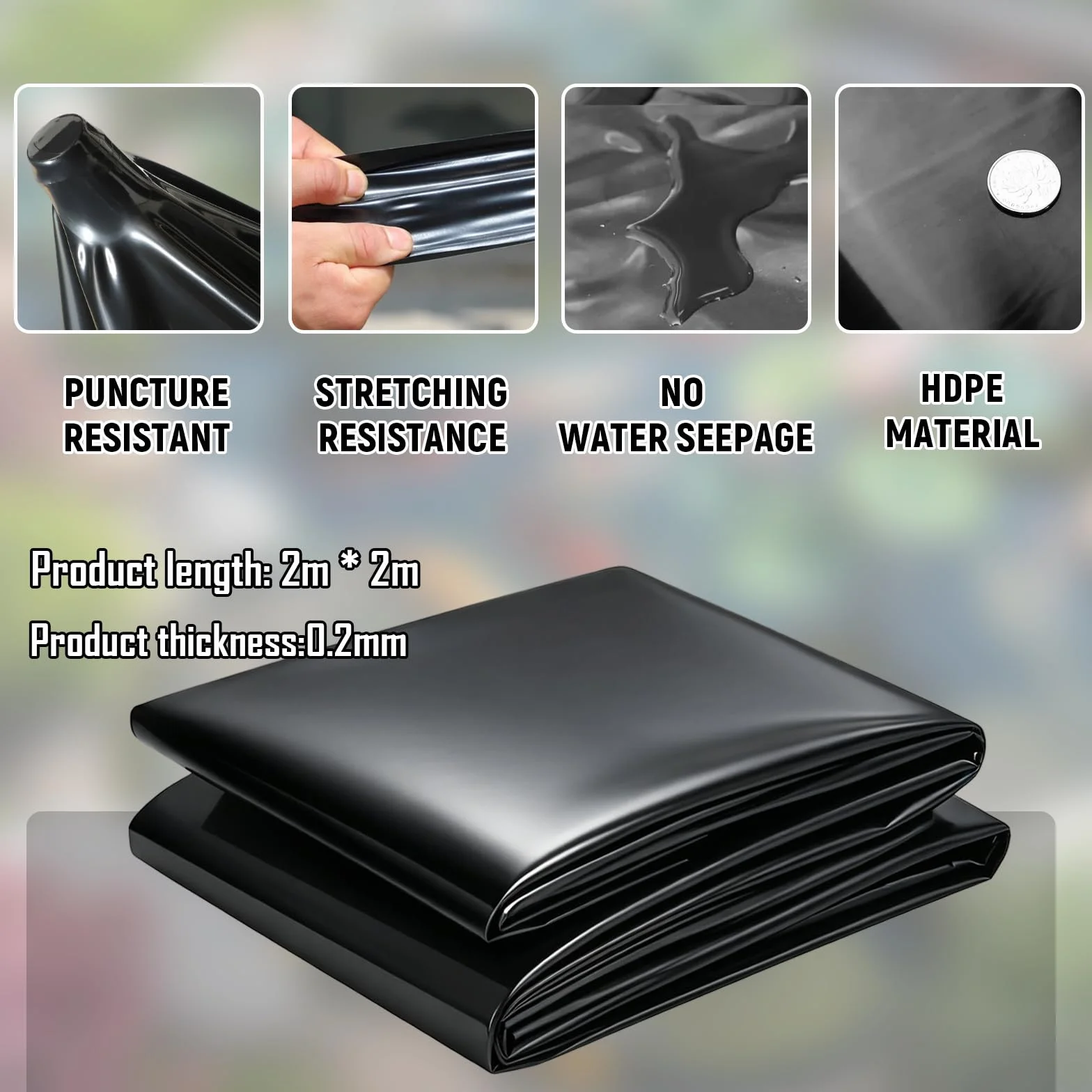 Bâche pour bassin en polyéthylène haute densité 2 x 2 m imperméable résistant aux intempéries noir