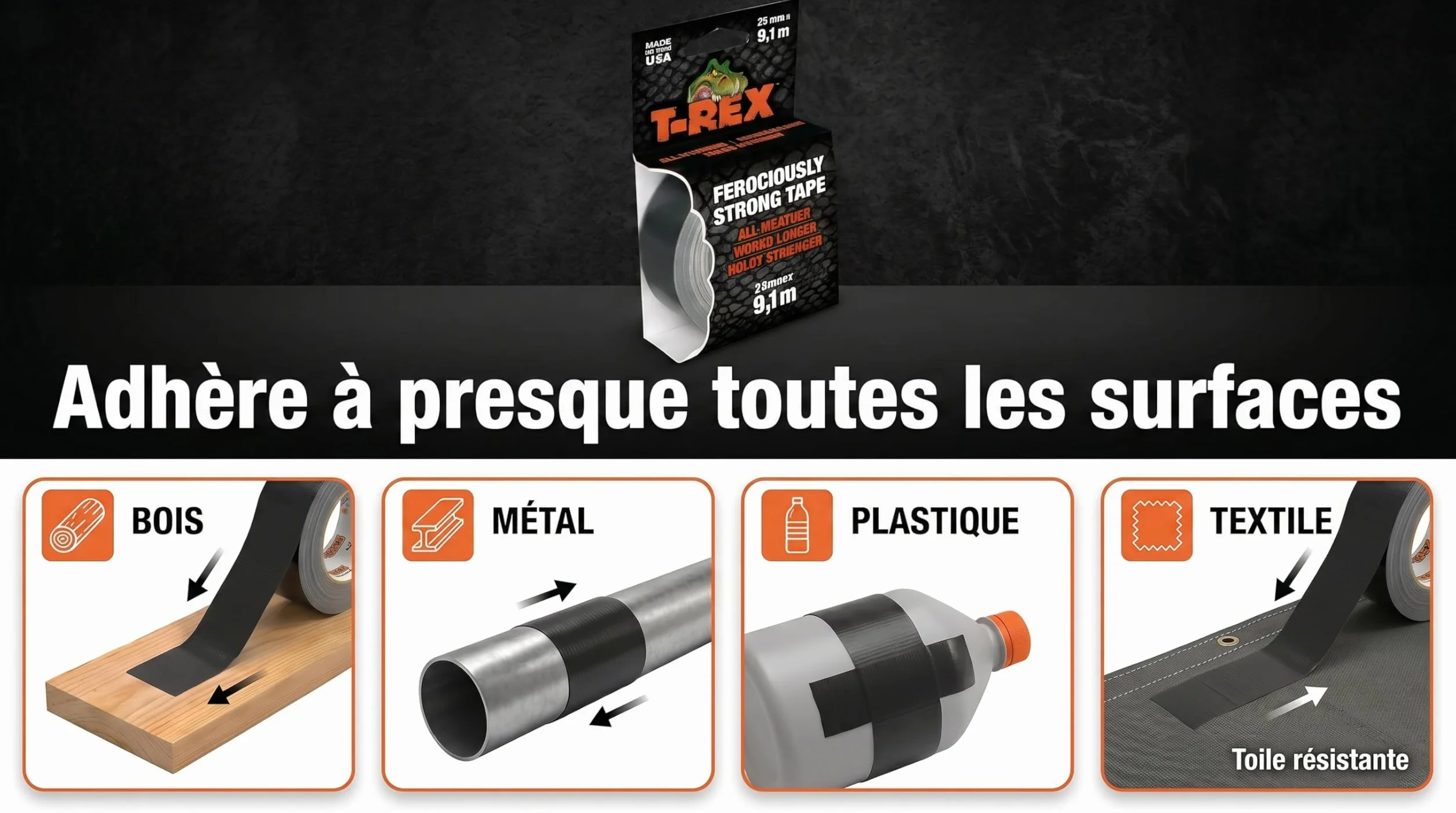 Ruban adhésif T-Rex Tape 821-25 imperméable indéchirable 25mm x 9,1m gris