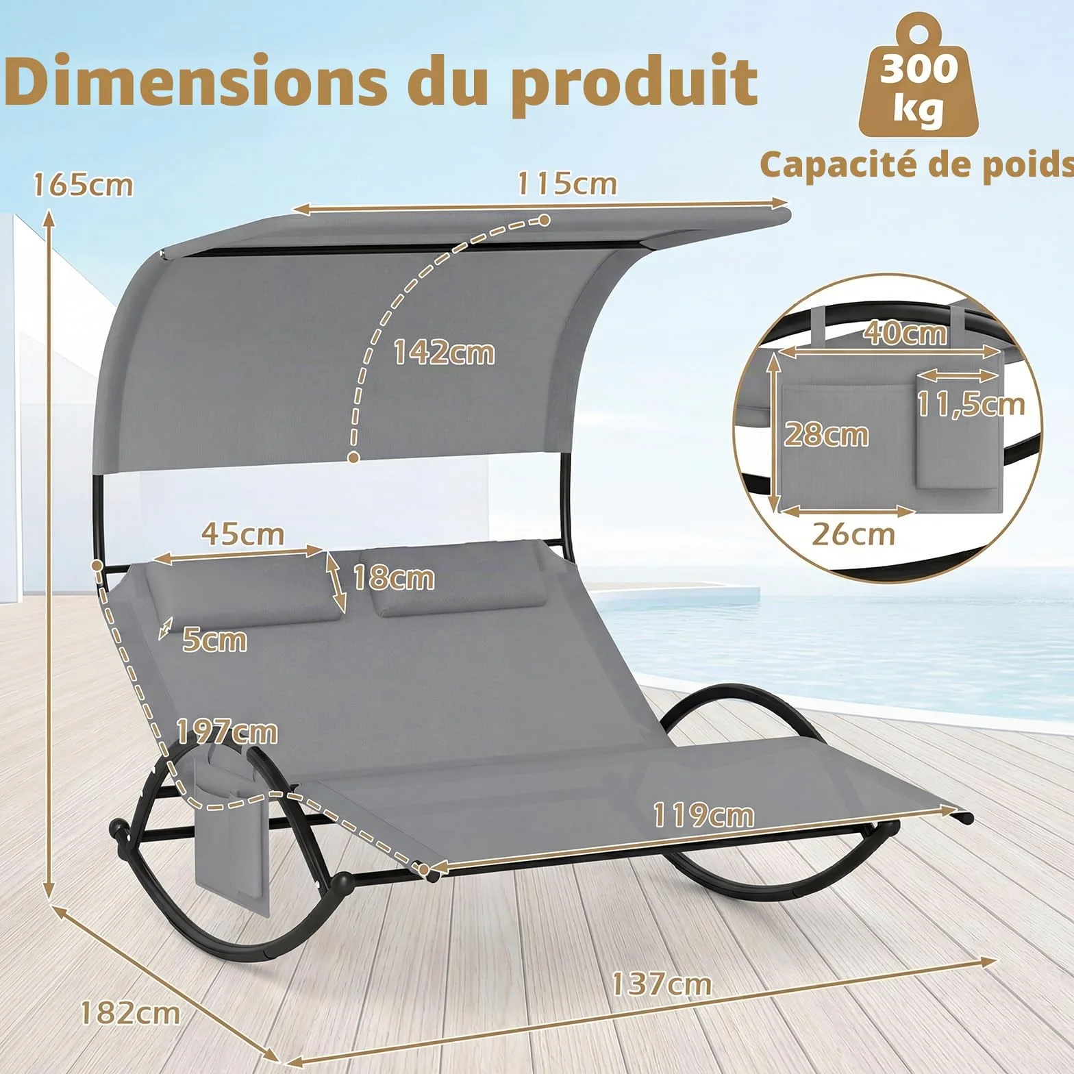 GIANTEX Chaise Longue de Jardin à Bascule pour 2 Personne, Poche Latérale, Transat Double à Bascule, Charge 300 kg, Auvent Pare-Soleil, 2 Oreillers Amovibles, Cadre en Métal, pour Jardin, Balcon, Gris